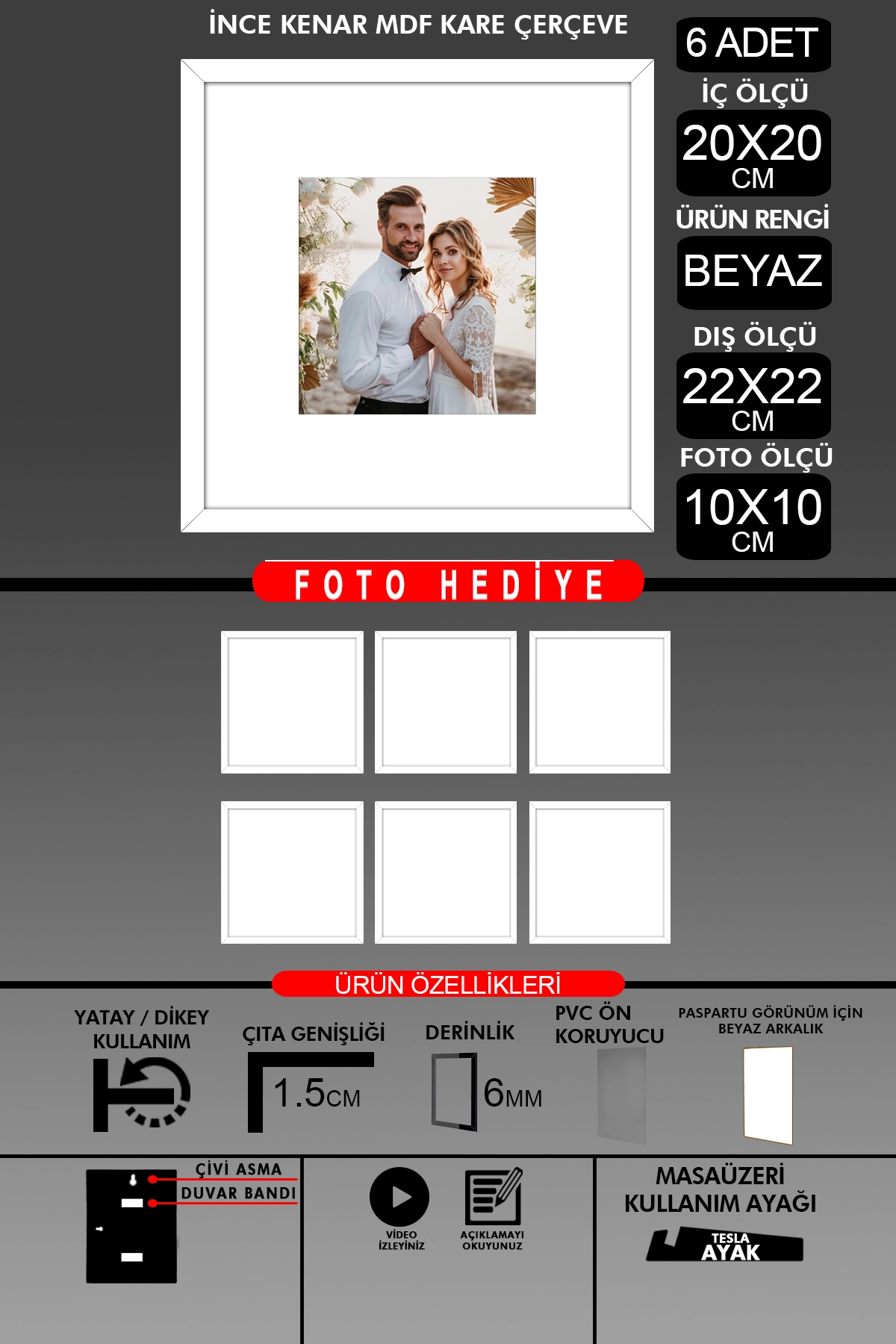 6 Adet 20x20 Çerçeve - İnce Çıtalı Çerçeve - Kare Çerçeve - Fotoğraf Çerçevesi