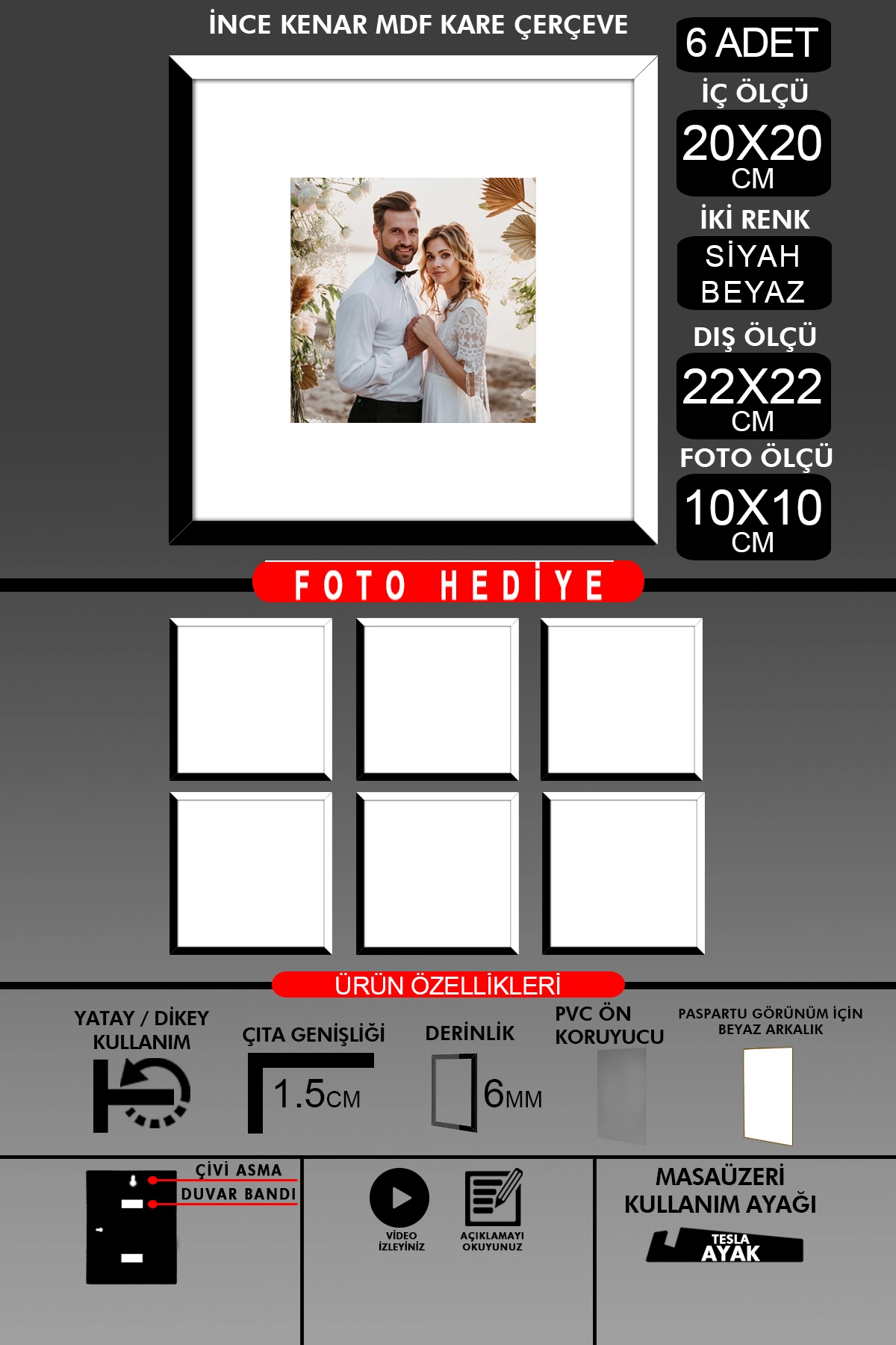 6 Adet 20x20 Çerçeve - İnce Çıtalı Çerçeve - Kare Çerçeve - Fotoğraf Çerçevesi