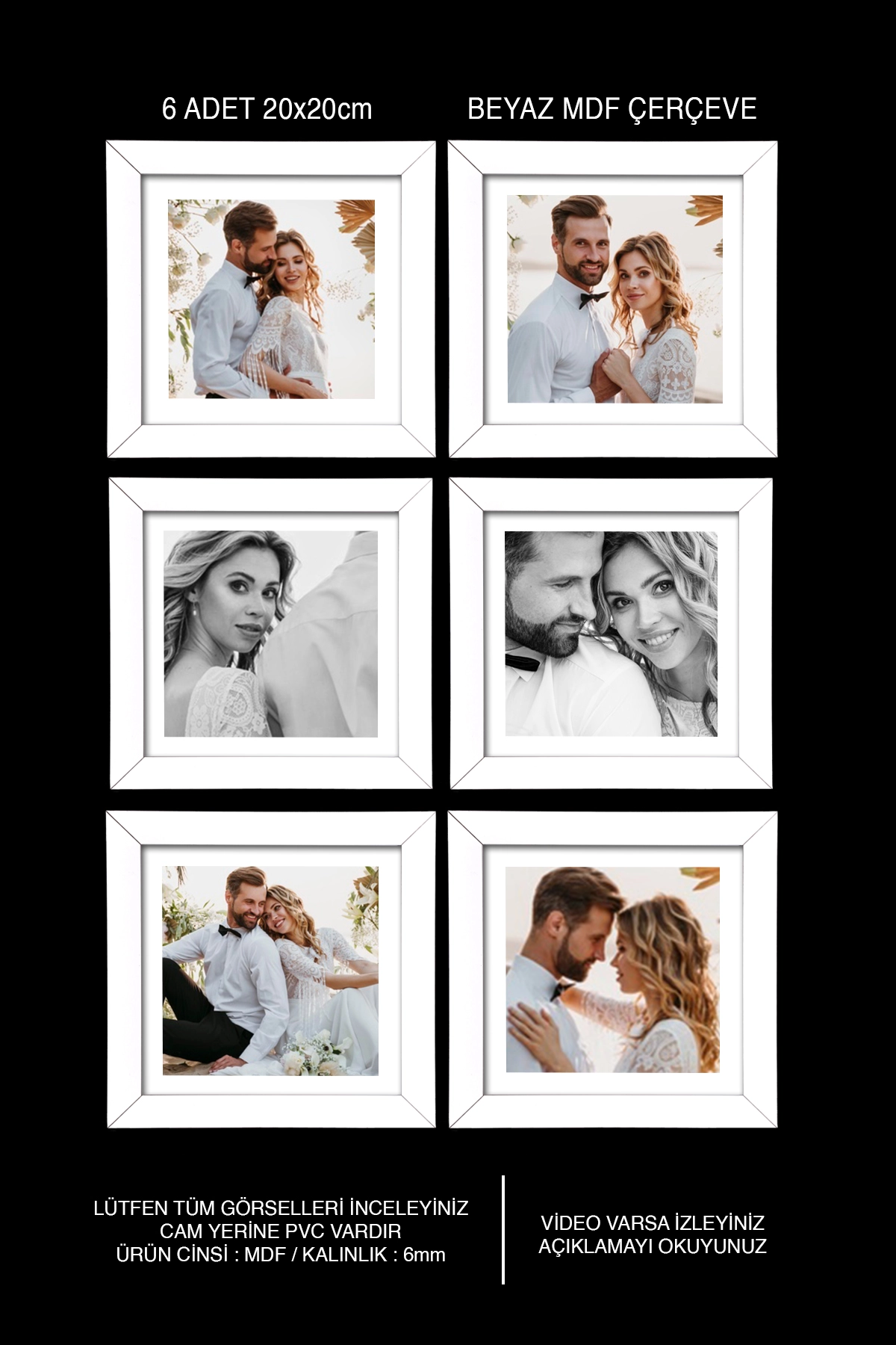 6 ADET 20x20 MDF ÇERÇEVE - KARE ÇERÇEVE Fotoğraf Çerçevesi
