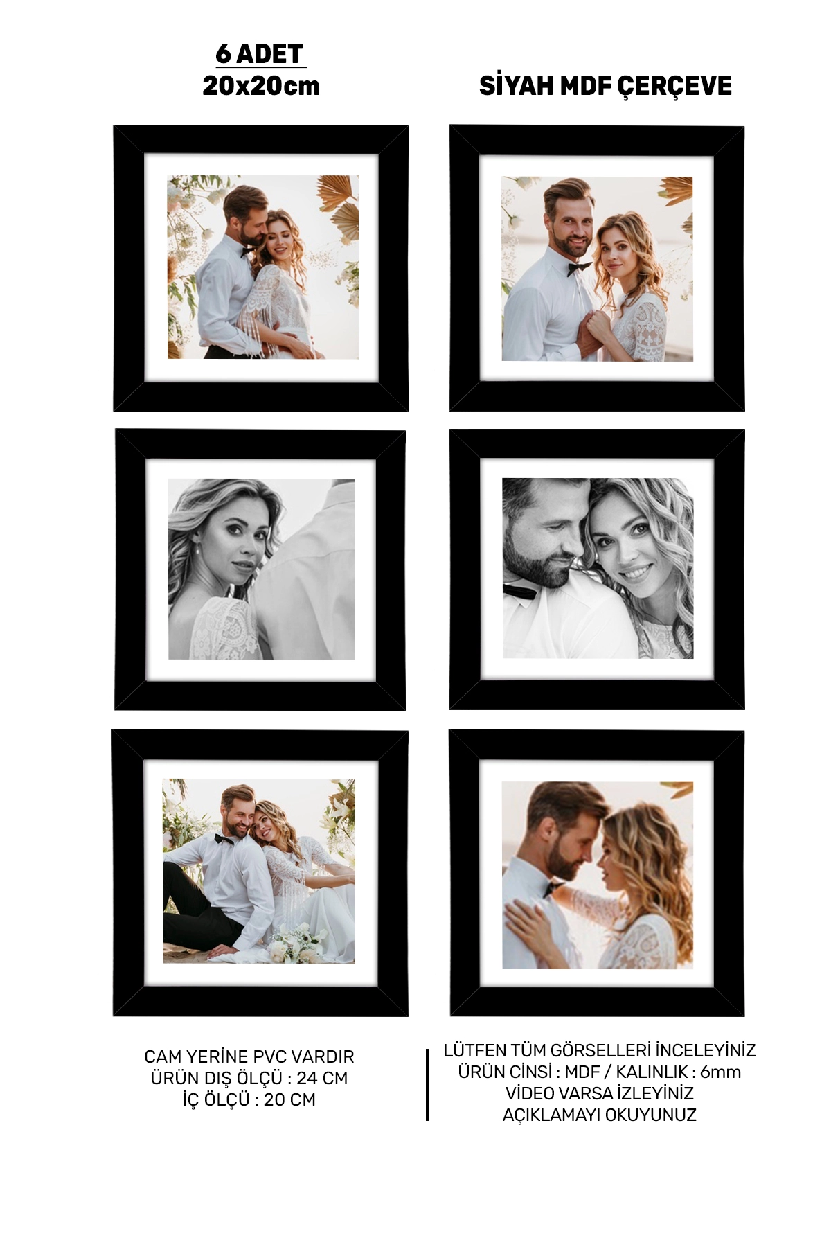 6 ADET 20x20 MDF ÇERÇEVE - KARE ÇERÇEVE Fotoğraf Çerçevesi