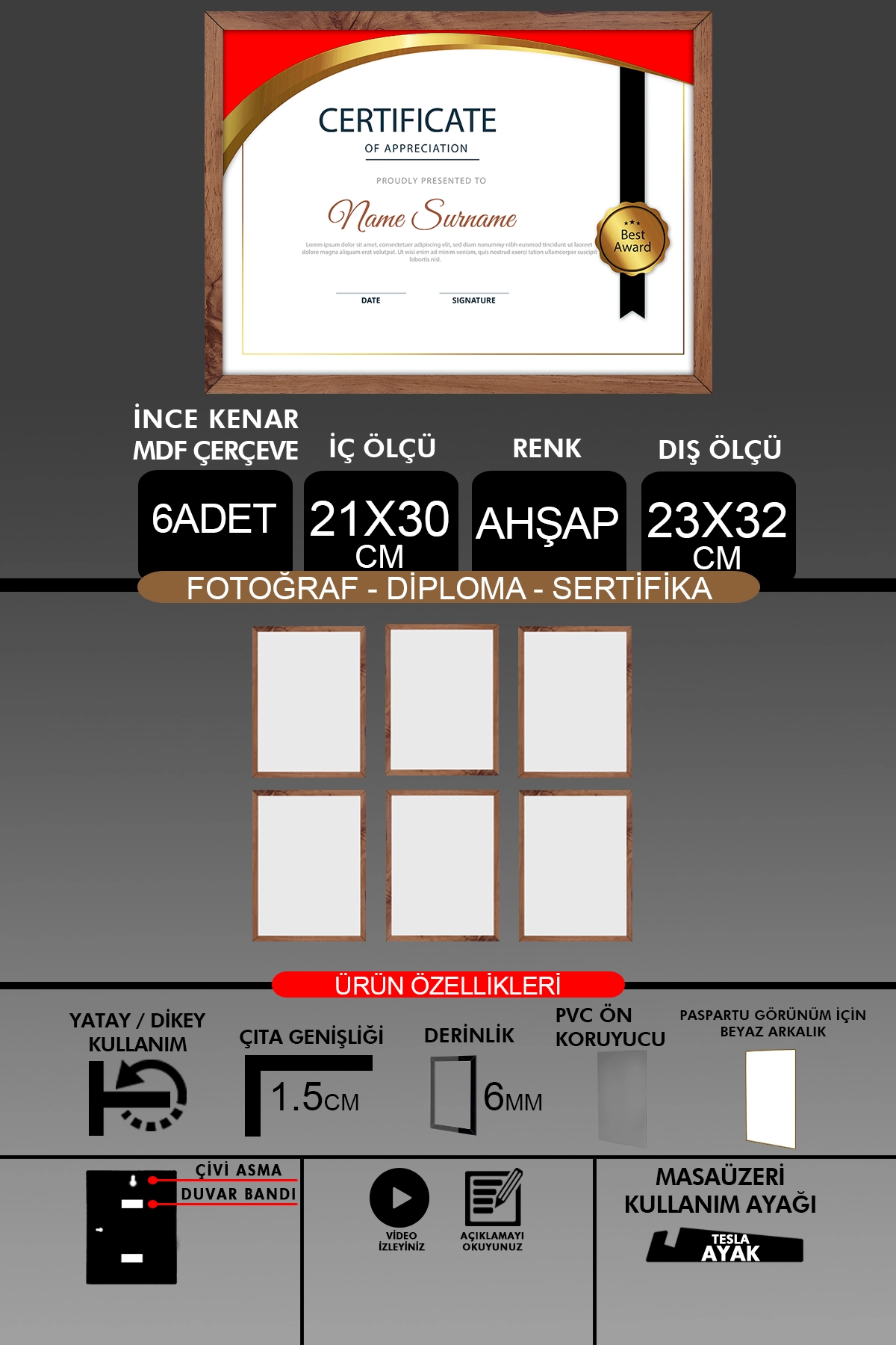 6 Adet 21x30 Çerçeve - İnce Çıtalı Çerçeve- 6mm Çerçeve Fotoğraf Çerçevesi