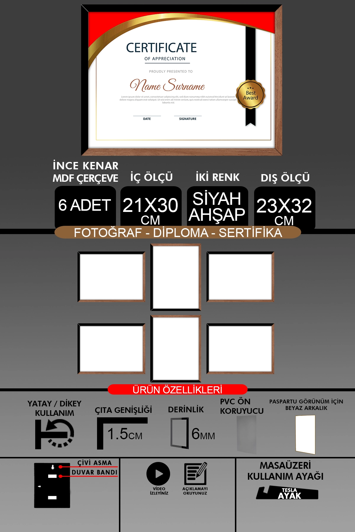 6 Adet 21x30 Çerçeve - İnce Çıtalı Çerçeve- 6mm Çerçeve Fotoğraf Çerçevesi