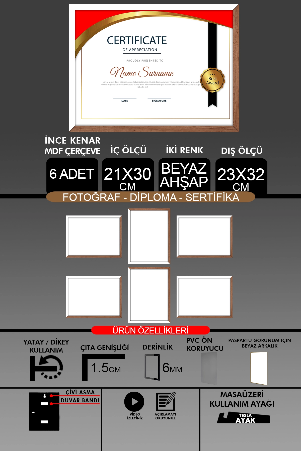 6 Adet 21x30 Çerçeve - İnce Çıtalı Çerçeve- 6mm Çerçeve Fotoğraf Çerçevesi