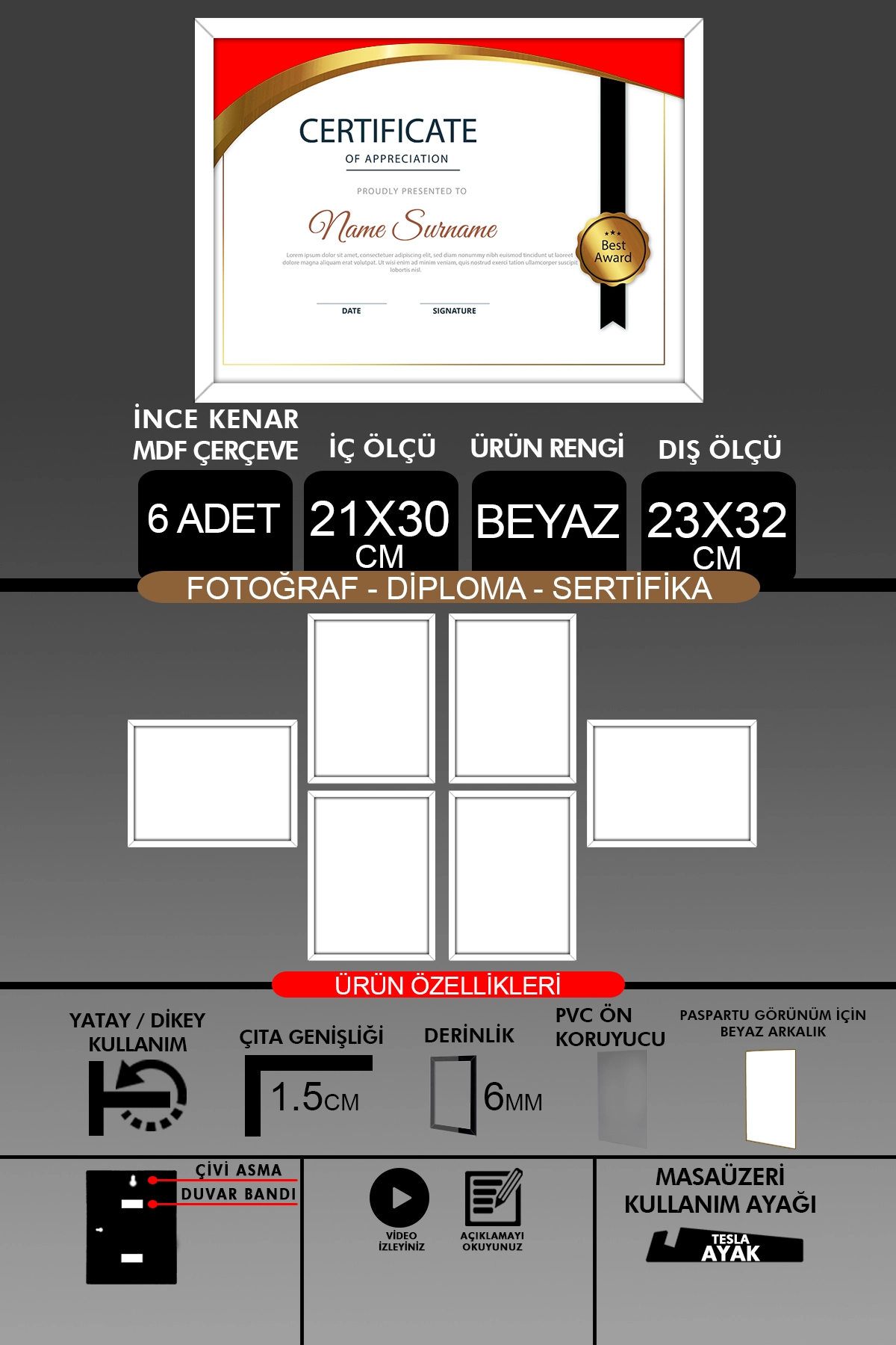 6 Adet 21x30 Çerçeve - İnce Çıtalı Çerçeve- 6mm Çerçeve Fotoğraf Çerçevesi