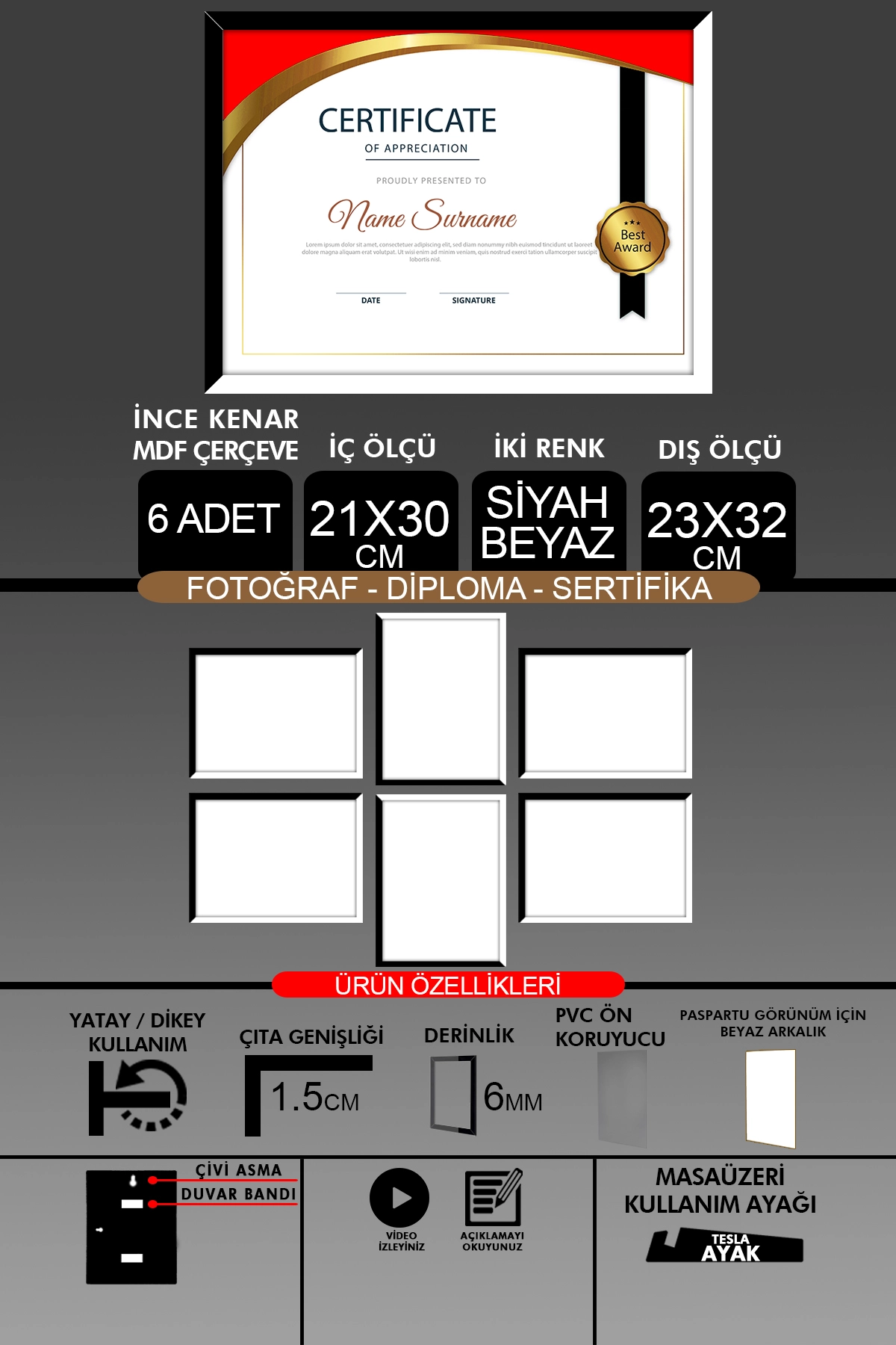 6 Adet 21x30 Çerçeve - İnce Çıtalı Çerçeve- 6mm Çerçeve Fotoğraf Çerçevesi
