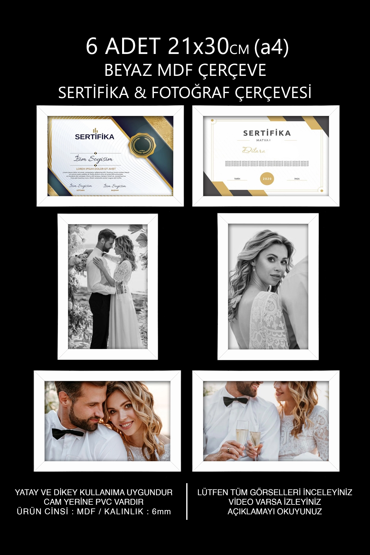 6 ADET 21x30 MDF ÇERÇEVE - DİKDÖRTGEN ÇERÇEVE Fotoğraf Çerçevesi