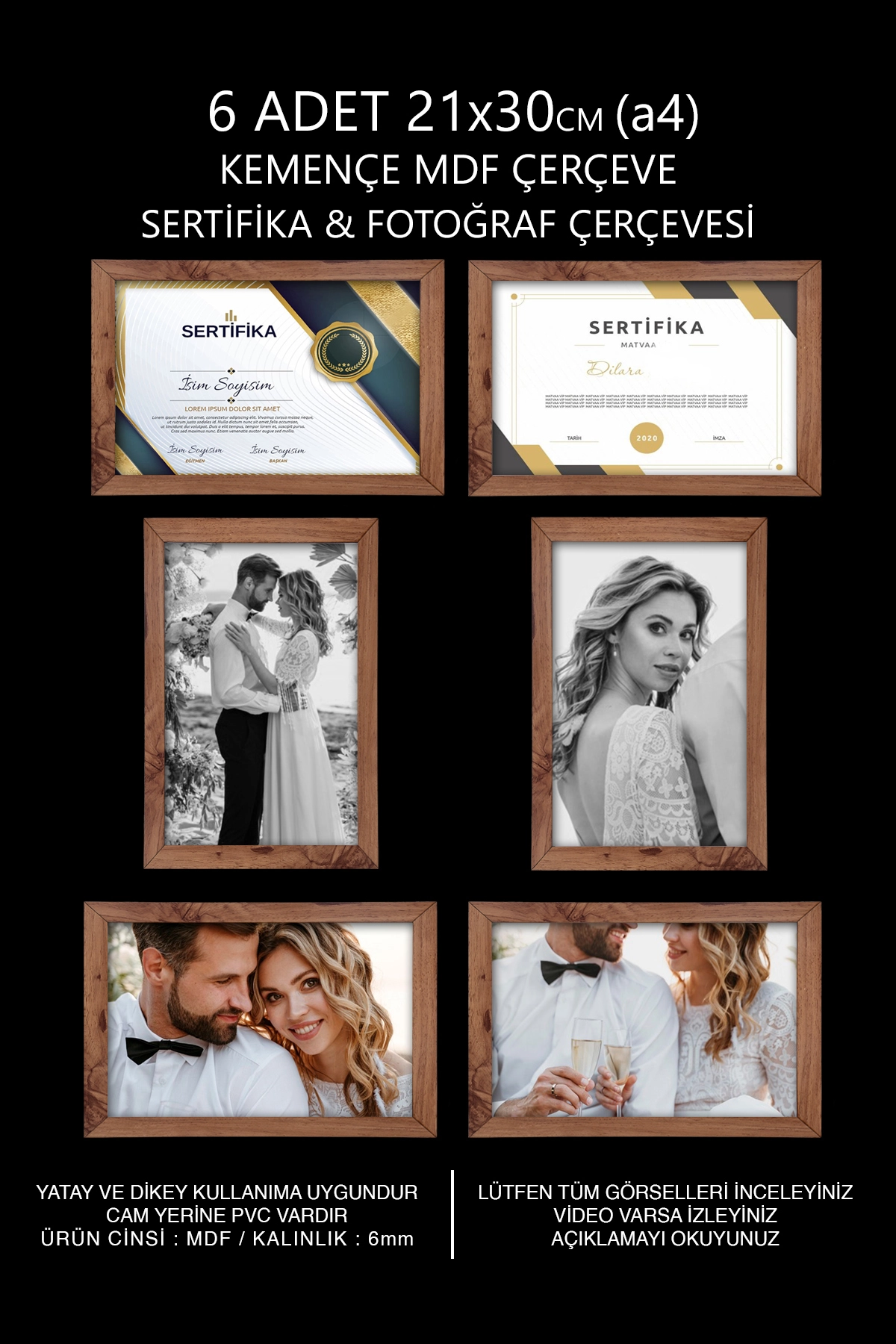 6 ADET 21x30 MDF ÇERÇEVE - DİKDÖRTGEN ÇERÇEVE Fotoğraf Çerçevesi