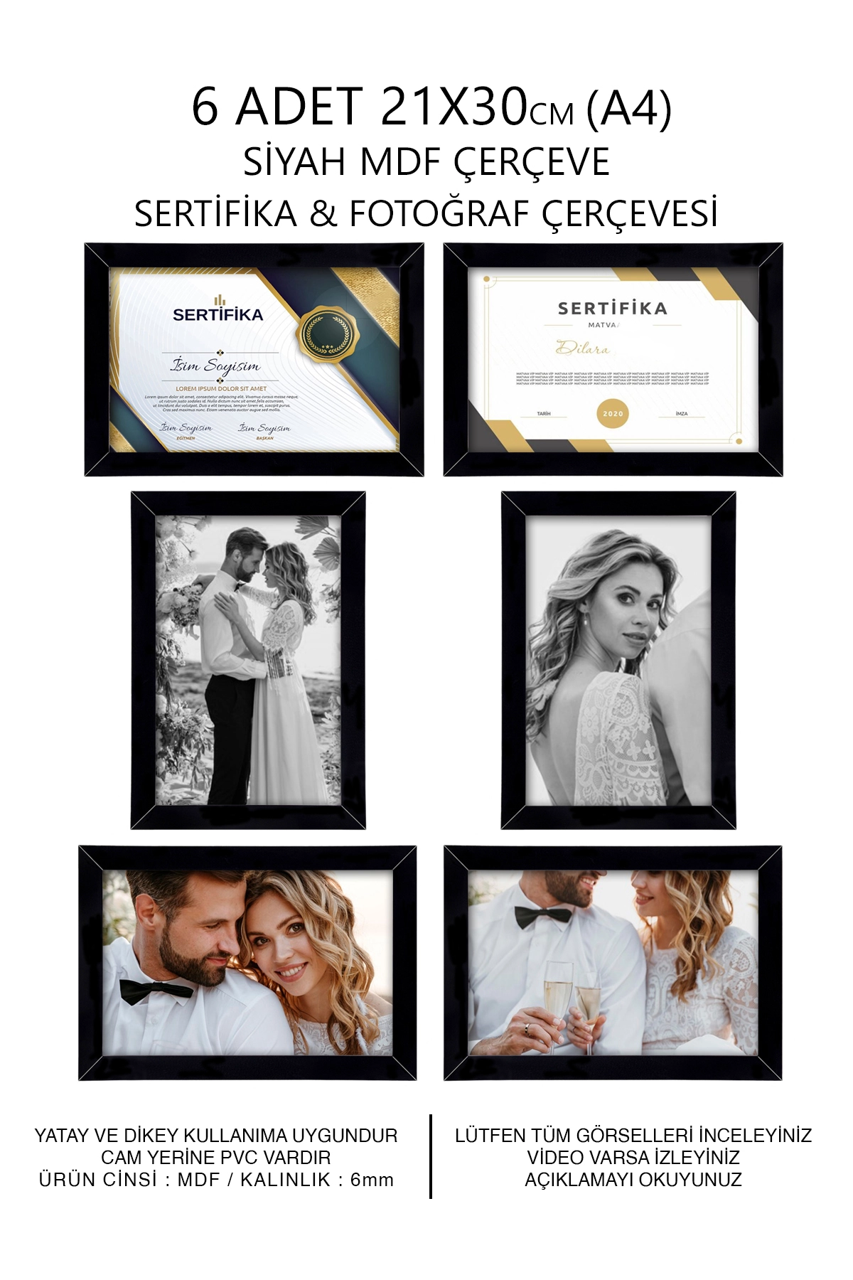 6 ADET 21x30 MDF ÇERÇEVE - DİKDÖRTGEN ÇERÇEVE Fotoğraf Çerçevesi