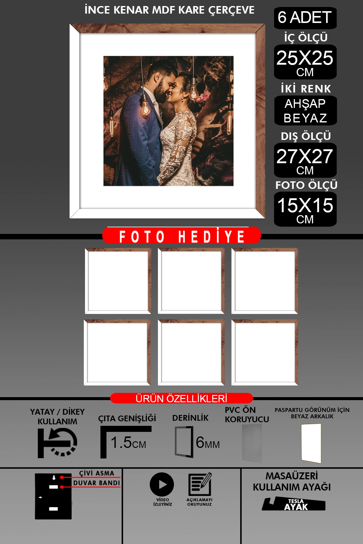6 Adet 25x25 Çerçeve - İnce Çıtalı Çerçeve -Kare Çerçeve Fotoğraf Çerçevesi