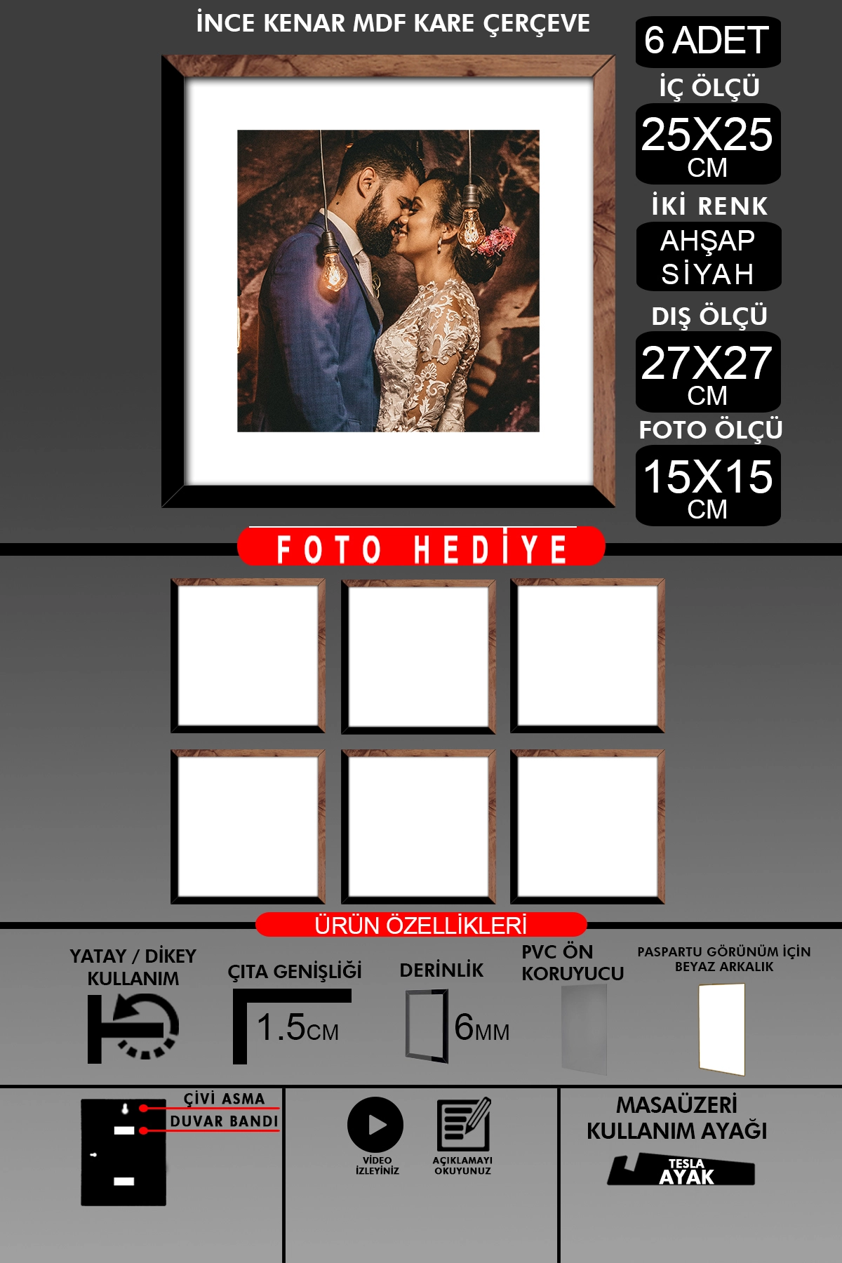6 Adet 25x25 Çerçeve - İnce Çıtalı Çerçeve -Kare Çerçeve Fotoğraf Çerçevesi