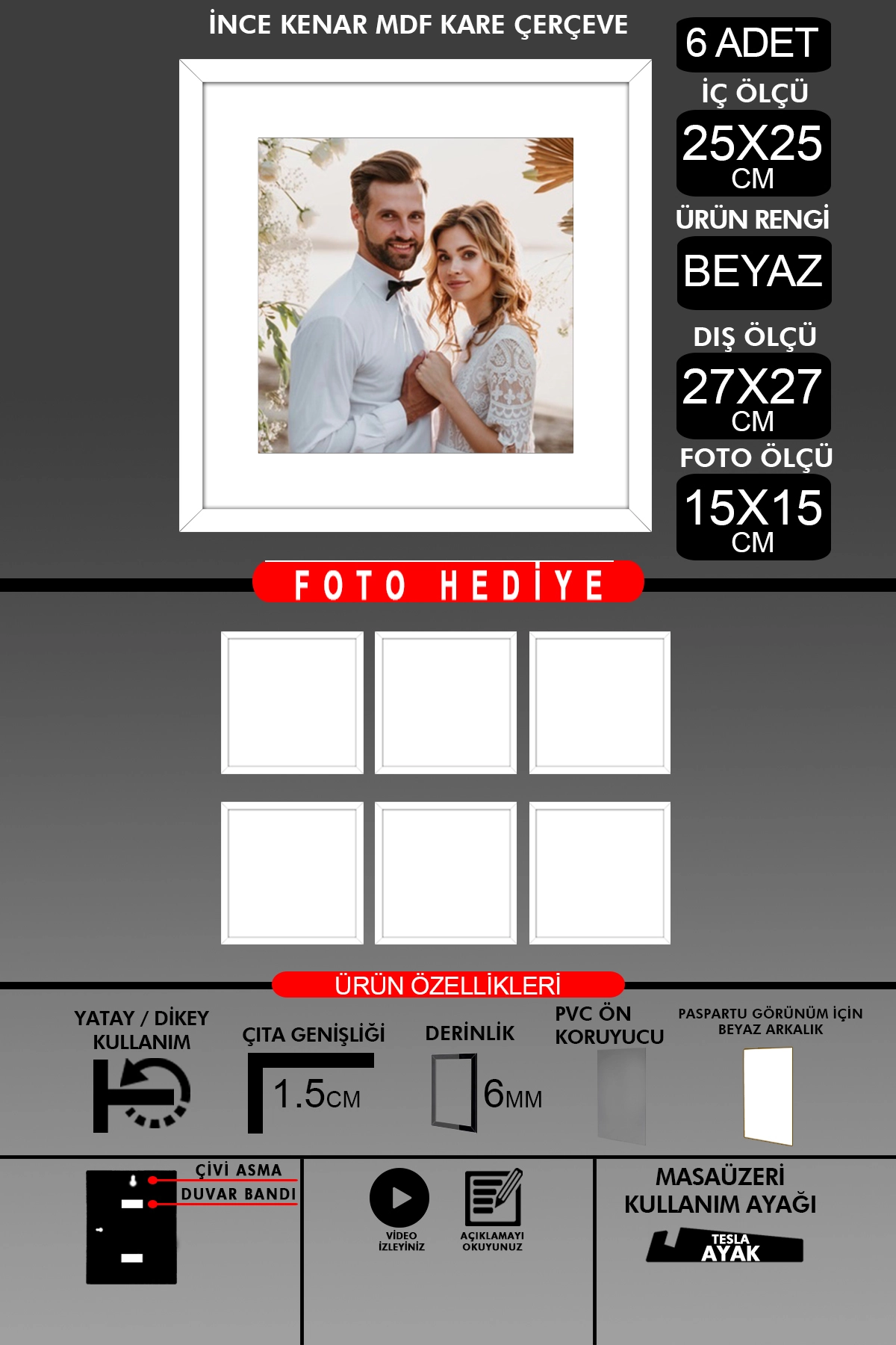 6 Adet 25x25 Çerçeve - İnce Çıtalı Çerçeve -Kare Çerçeve Fotoğraf Çerçevesi