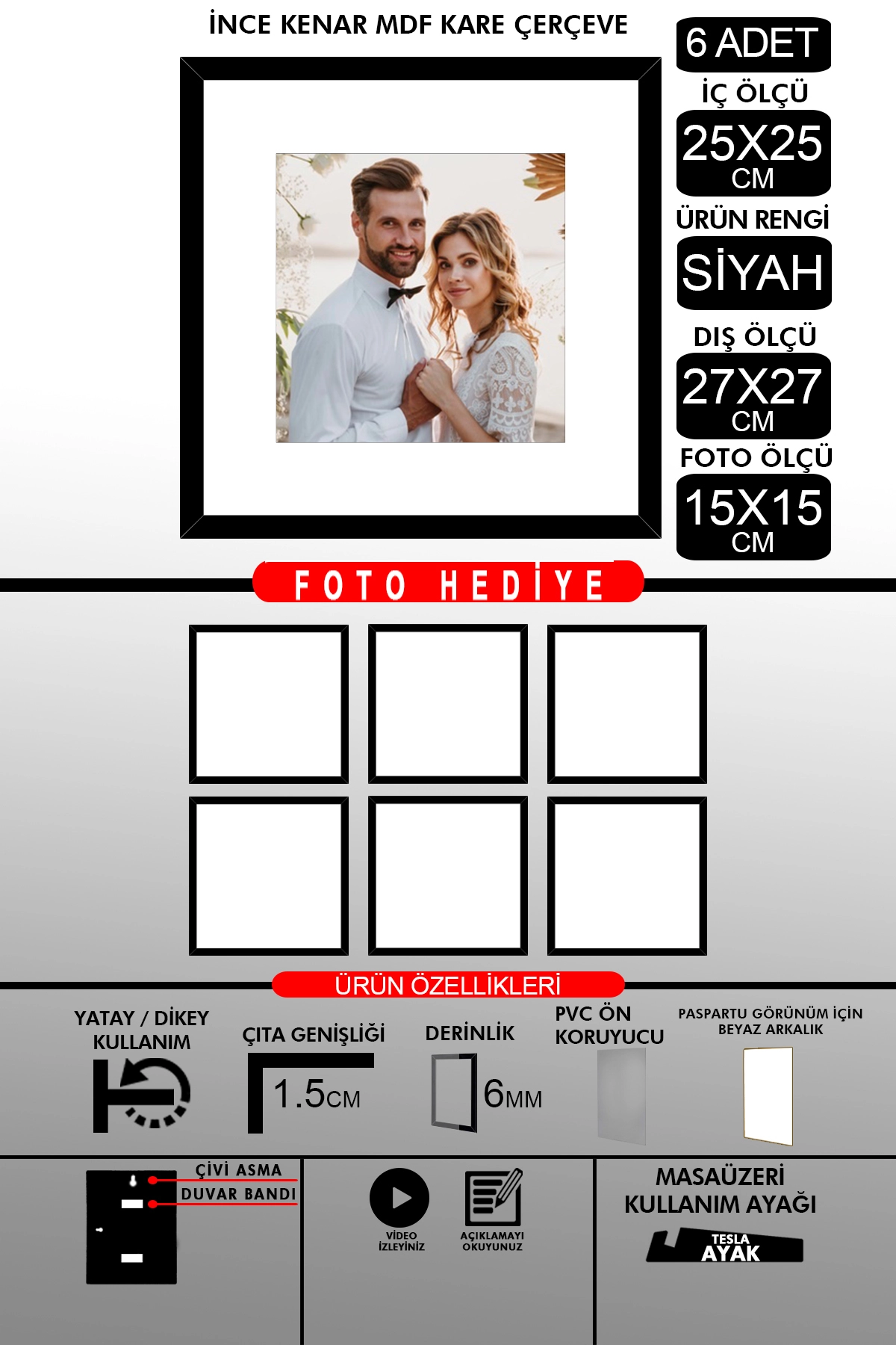 6 Adet 25x25 Çerçeve - İnce Çıtalı Çerçeve -Kare Çerçeve Fotoğraf Çerçevesi