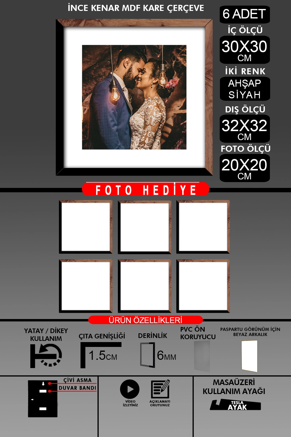 6 Adet 30x30 Çerçeve - İnce Çıtalı Çerçeve -Kare Çerçeve - Fotoğraf Çerçevesi