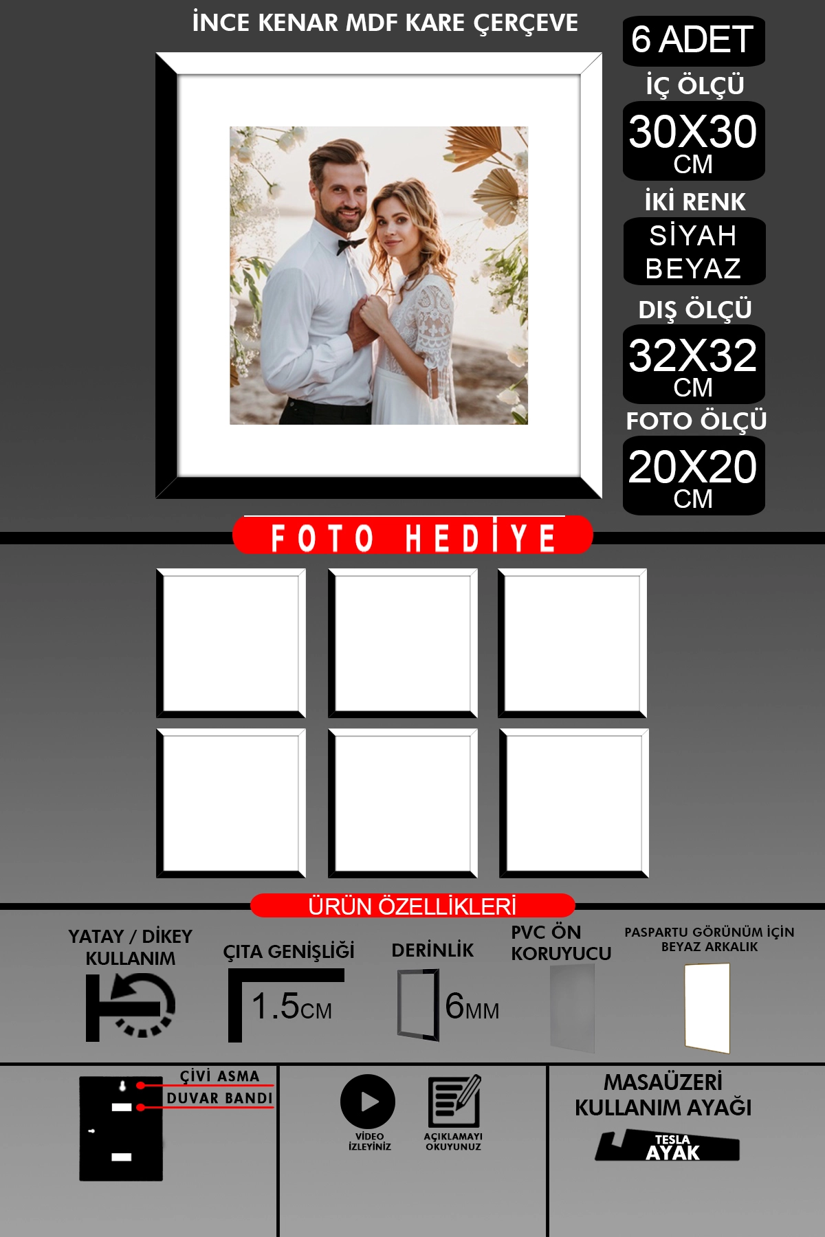 6 Adet 30x30 Çerçeve - İnce Çıtalı Çerçeve -Kare Çerçeve - Fotoğraf Çerçevesi