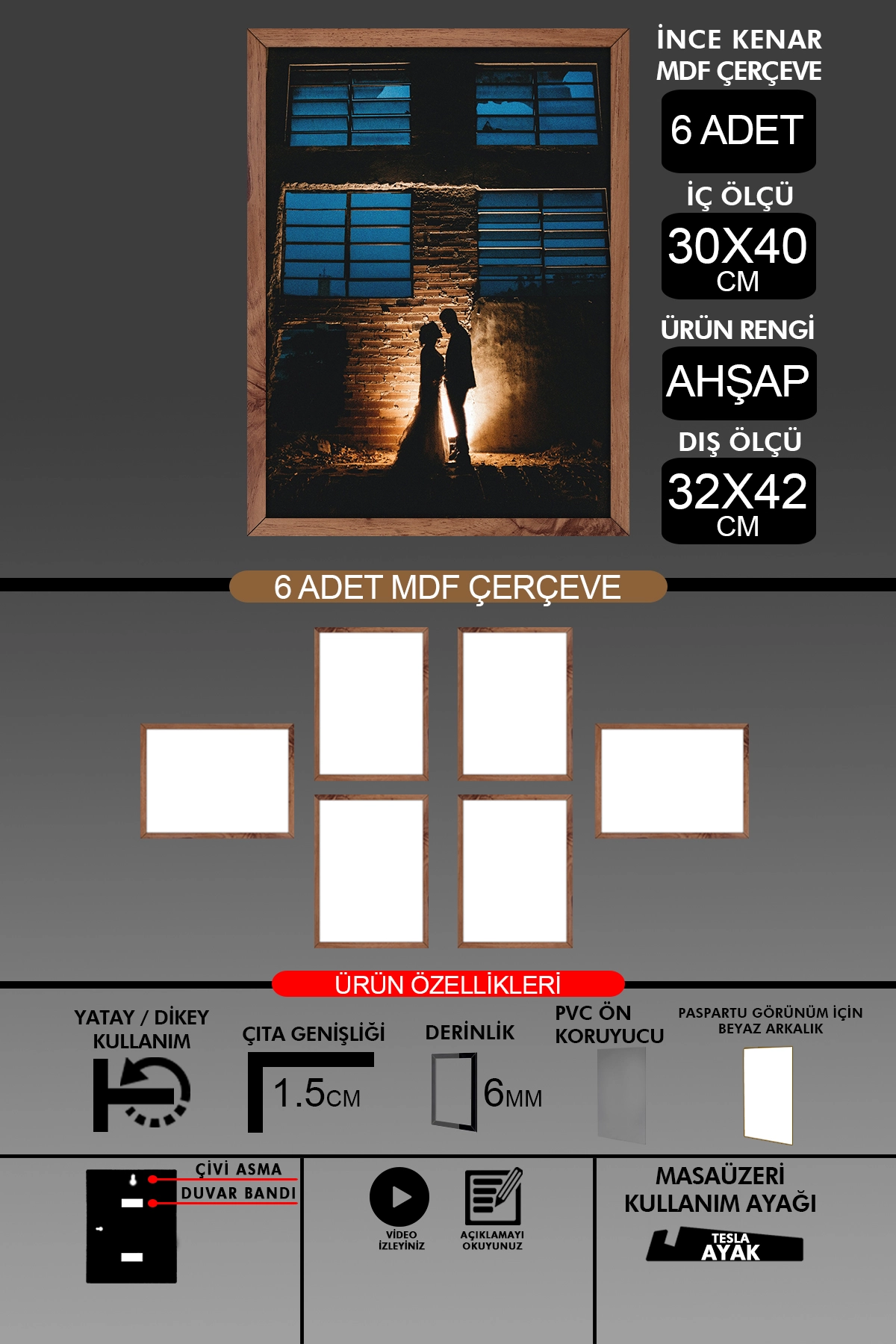 6 Adet 30x40 Çerçeve - İnce Çıtalı A3 Çerçeve - 6mm Fotoğraf Çerçevesi