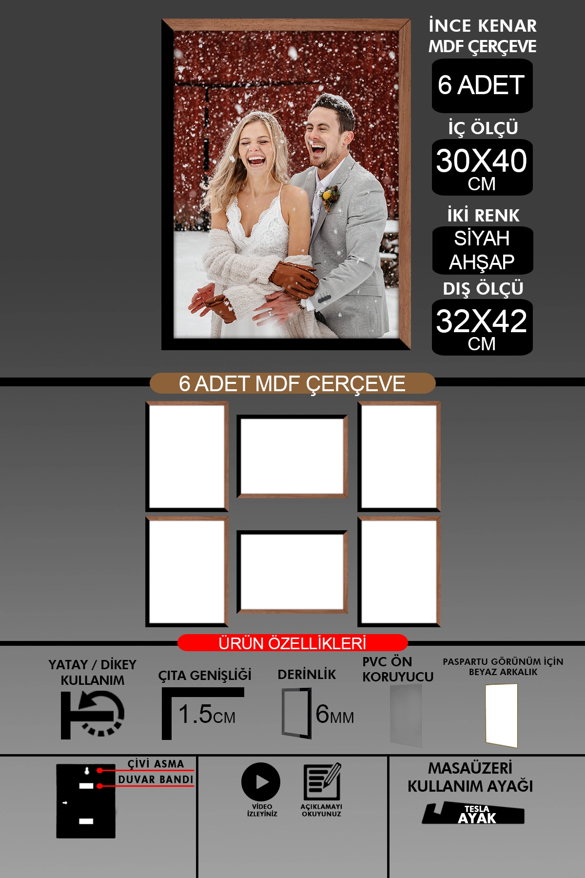 6 Adet 30x40 Çerçeve - İnce Çıtalı A3 Çerçeve - 6mm Fotoğraf Çerçevesi