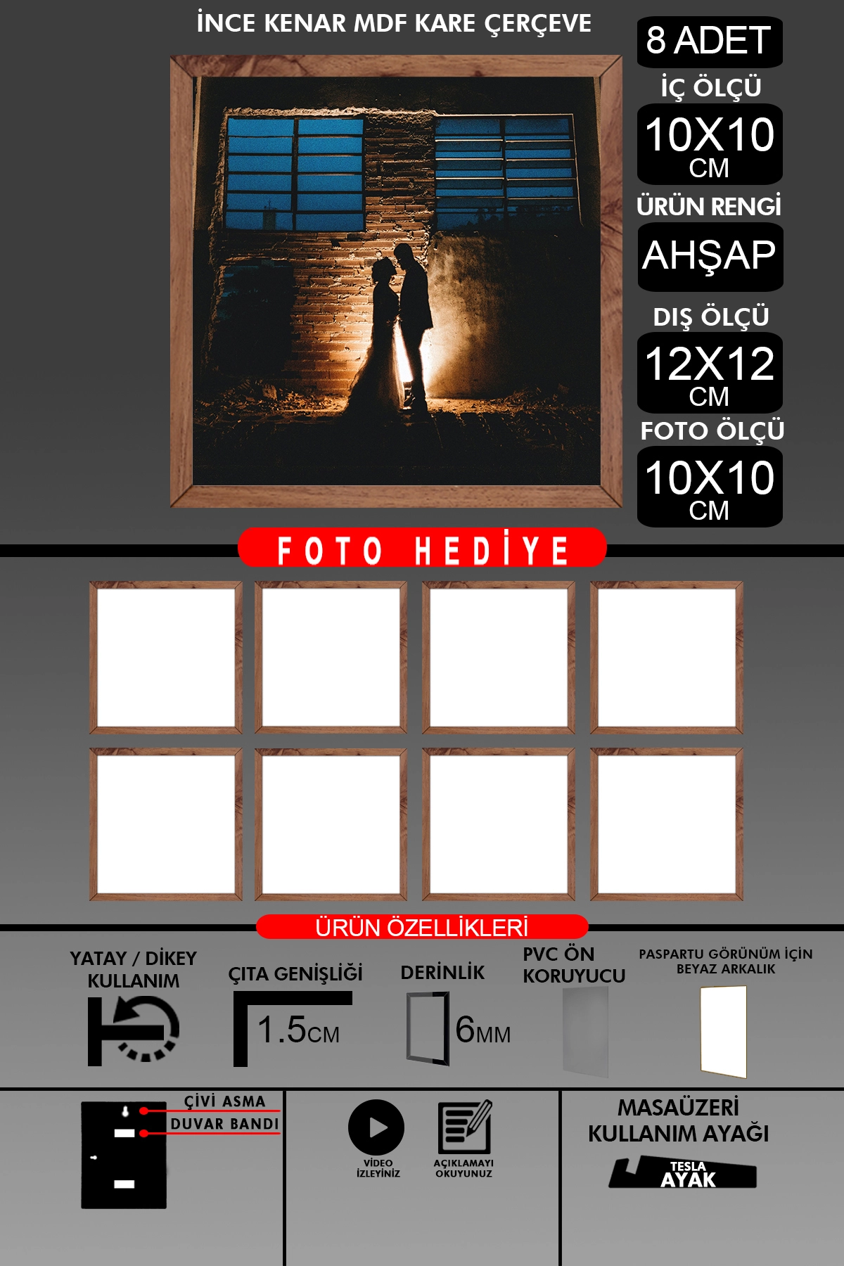8 Adet 10X10 Çerçeve - İnce Çıtalı Çerçeve - Kare Çerçeve - Fotoğraf Çerçevesi