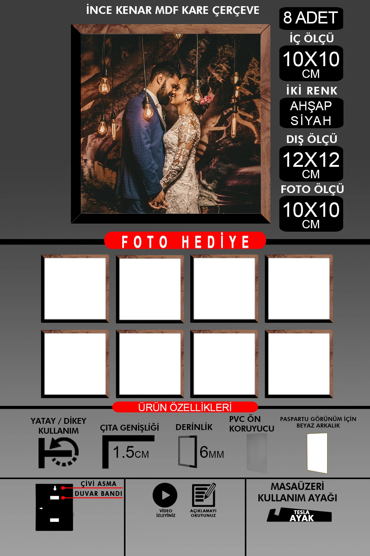 8 Adet 10X10 Çerçeve - İnce Çıtalı Çerçeve - Kare Çerçeve - Fotoğraf Çerçevesi