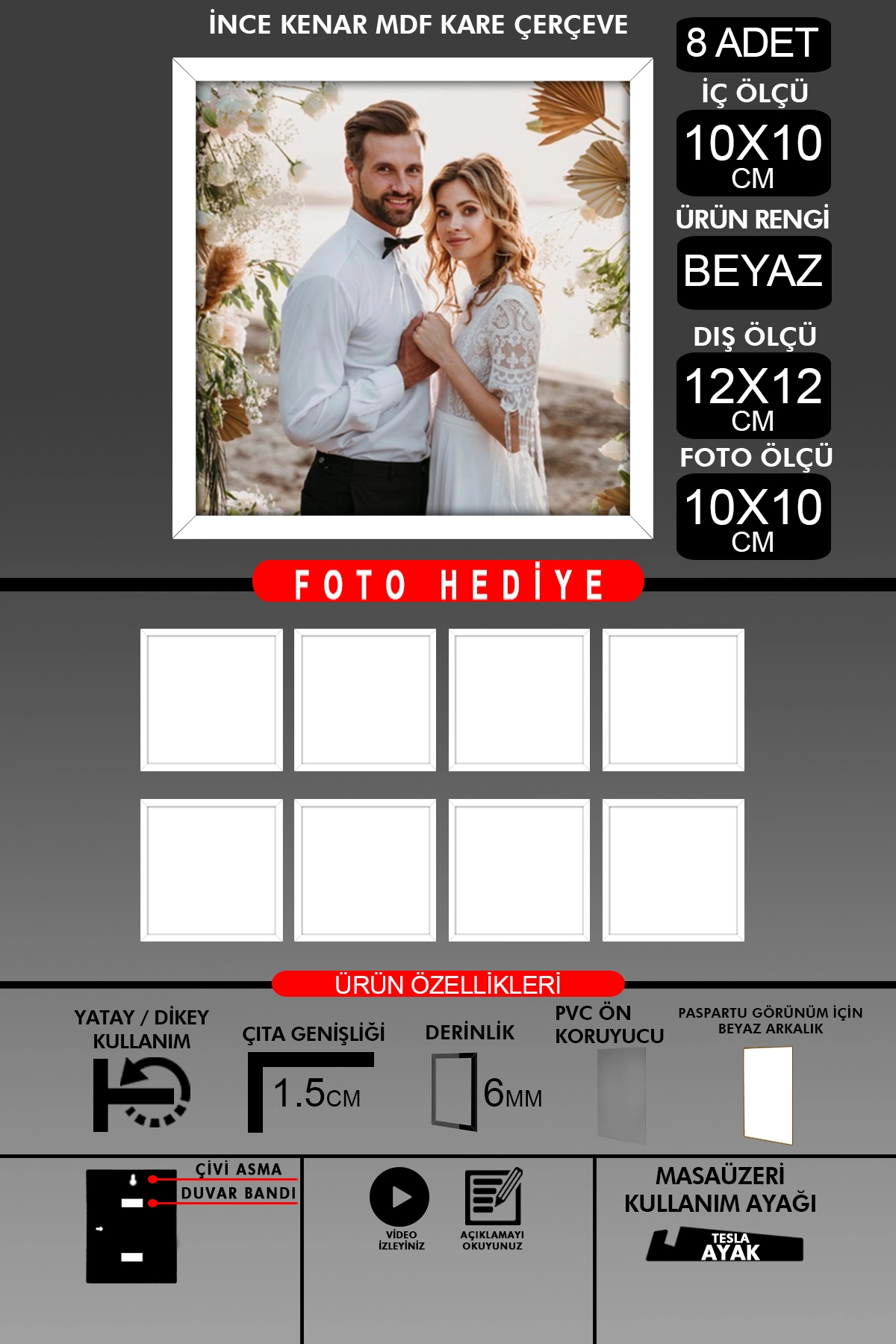 8 Adet 10X10 Çerçeve - İnce Çıtalı Çerçeve - Kare Çerçeve - Fotoğraf Çerçevesi