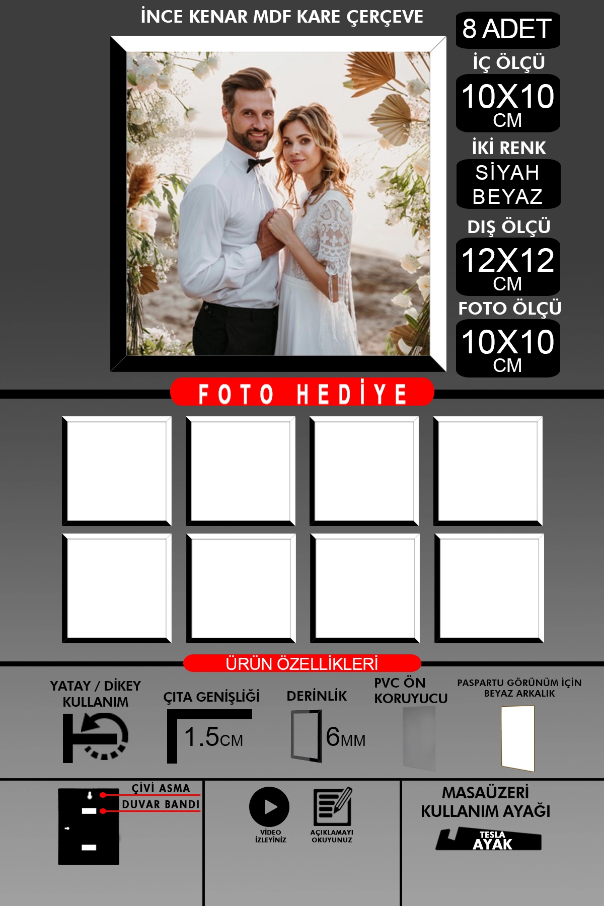 8 Adet 10X10 Çerçeve - İnce Çıtalı Çerçeve - Kare Çerçeve - Fotoğraf Çerçevesi