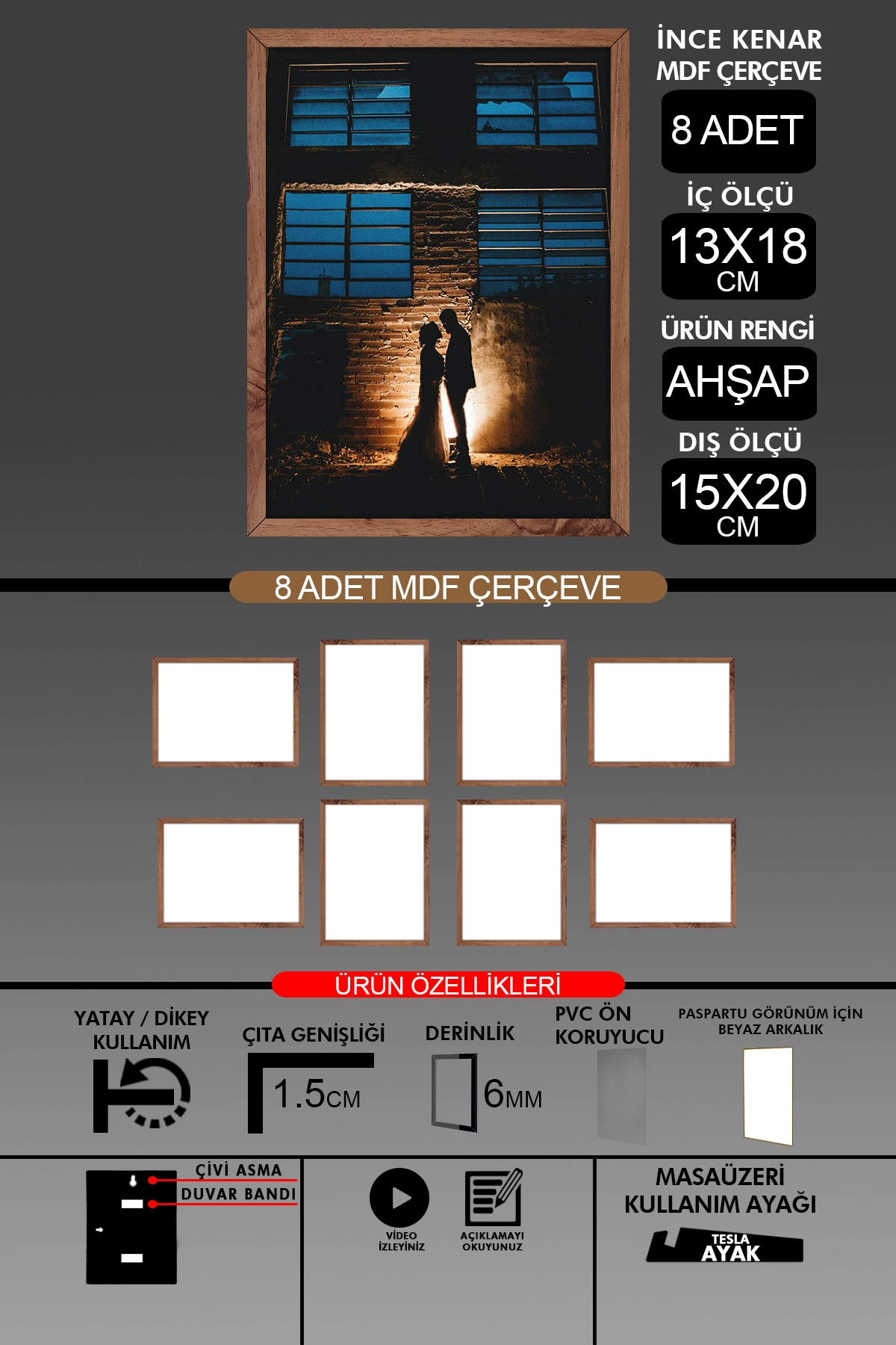 8 Adet 13x18 Çerçeve - İnce Çıtalı Çerçeve- 6mm Çerçeve Fotoğraf Çerçevesi