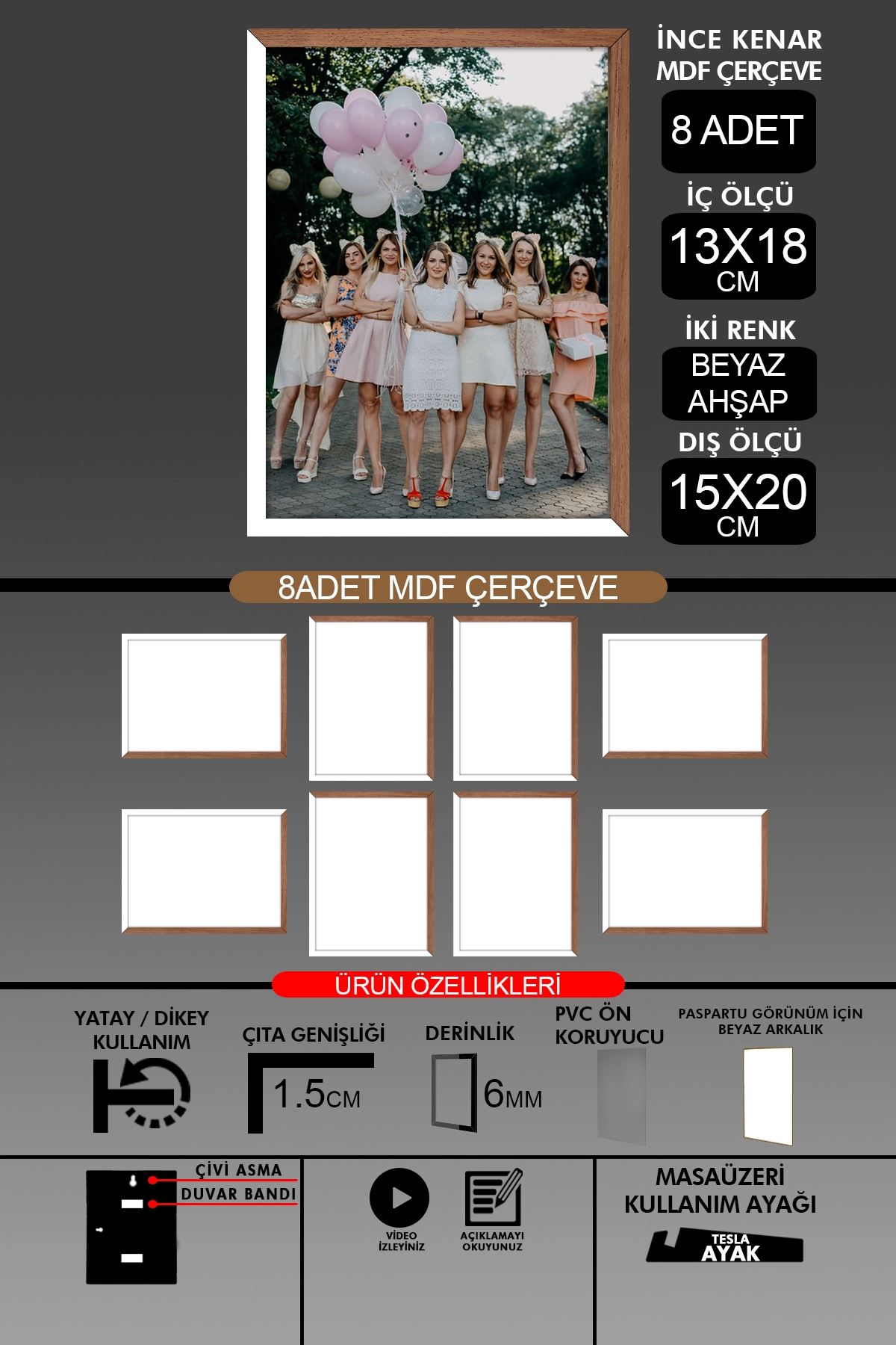 8 Adet 13x18 Çerçeve - İnce Çıtalı Çerçeve- 6mm Çerçeve Fotoğraf Çerçevesi