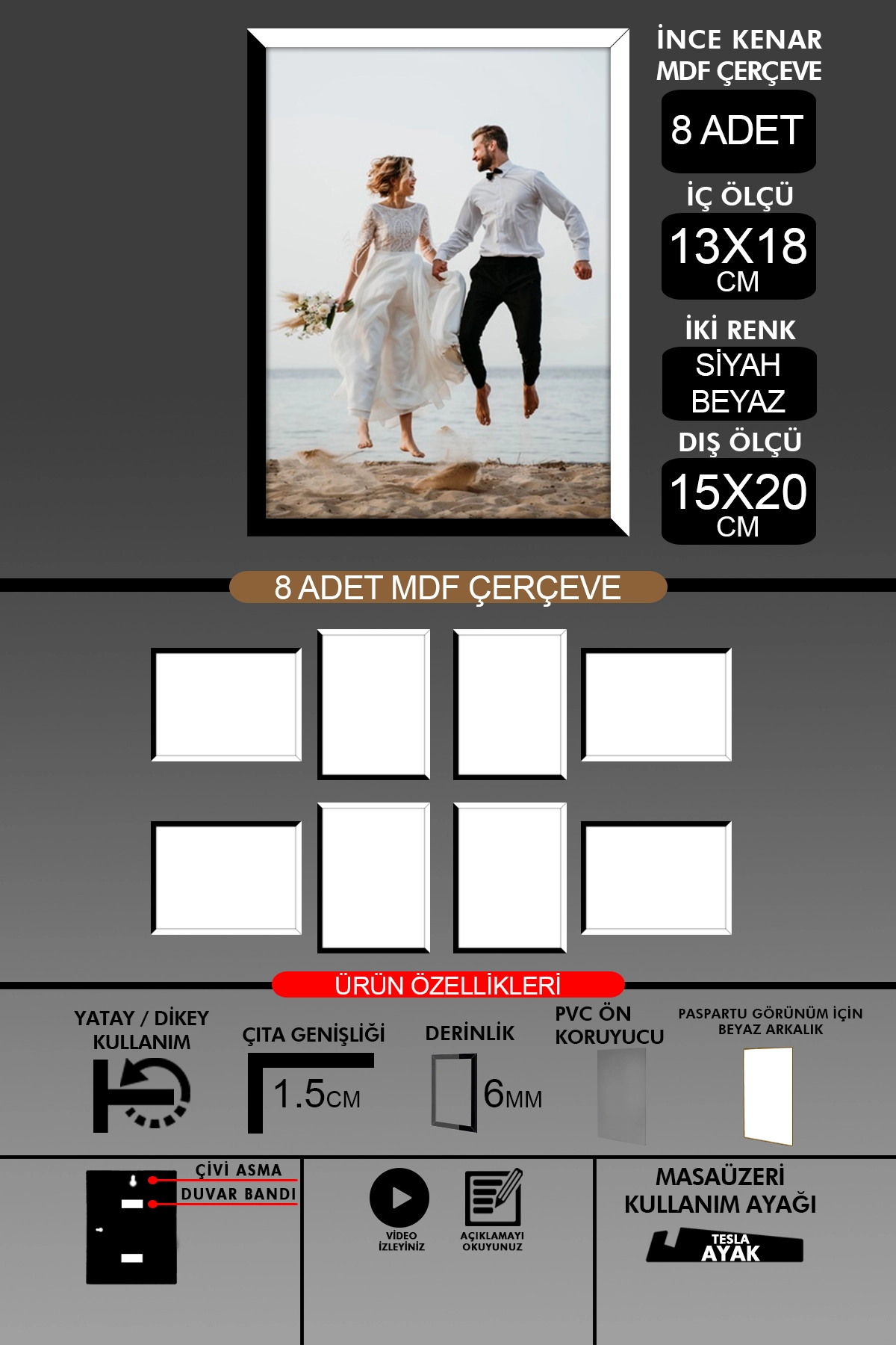 8 Adet 13x18 Çerçeve - İnce Çıtalı Çerçeve- 6mm Çerçeve Fotoğraf Çerçevesi
