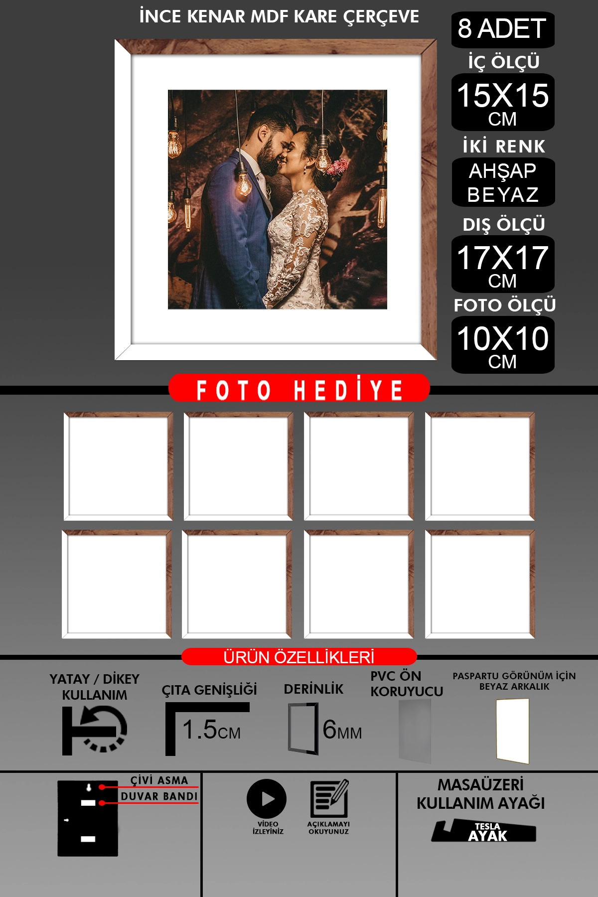 8 Adet 15x15 Çerçeve - İnce Çıtalı Çerçeve - Kare Çerçeve - Fotoğraf Çerçevesi
