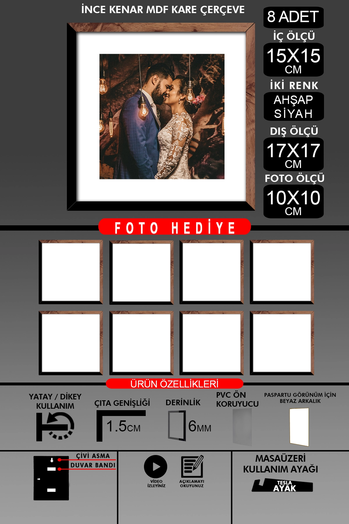 8 Adet 15x15 Çerçeve - İnce Çıtalı Çerçeve - Kare Çerçeve - Fotoğraf Çerçevesi