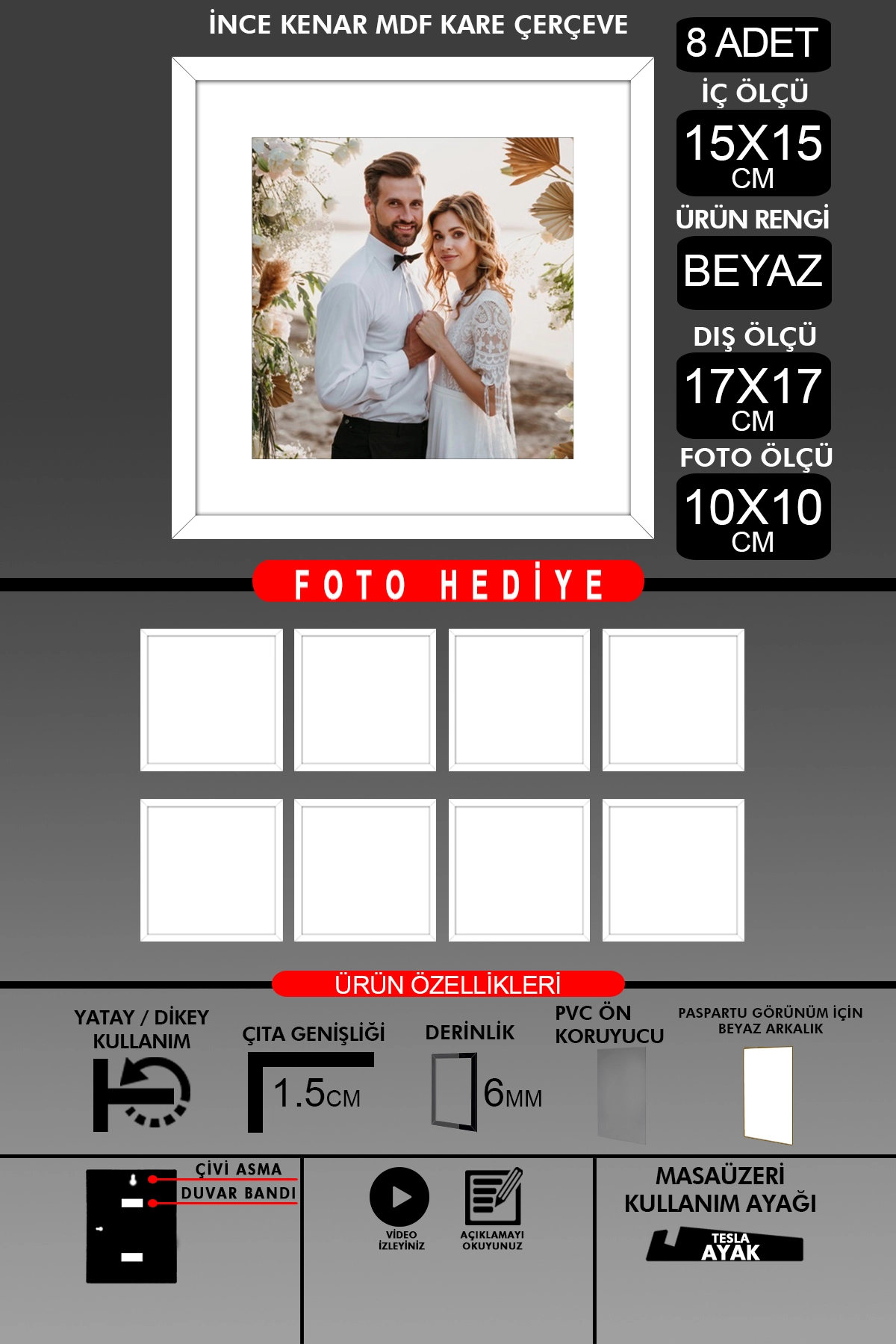 8 Adet 15x15 Çerçeve - İnce Çıtalı Çerçeve - Kare Çerçeve - Fotoğraf Çerçevesi