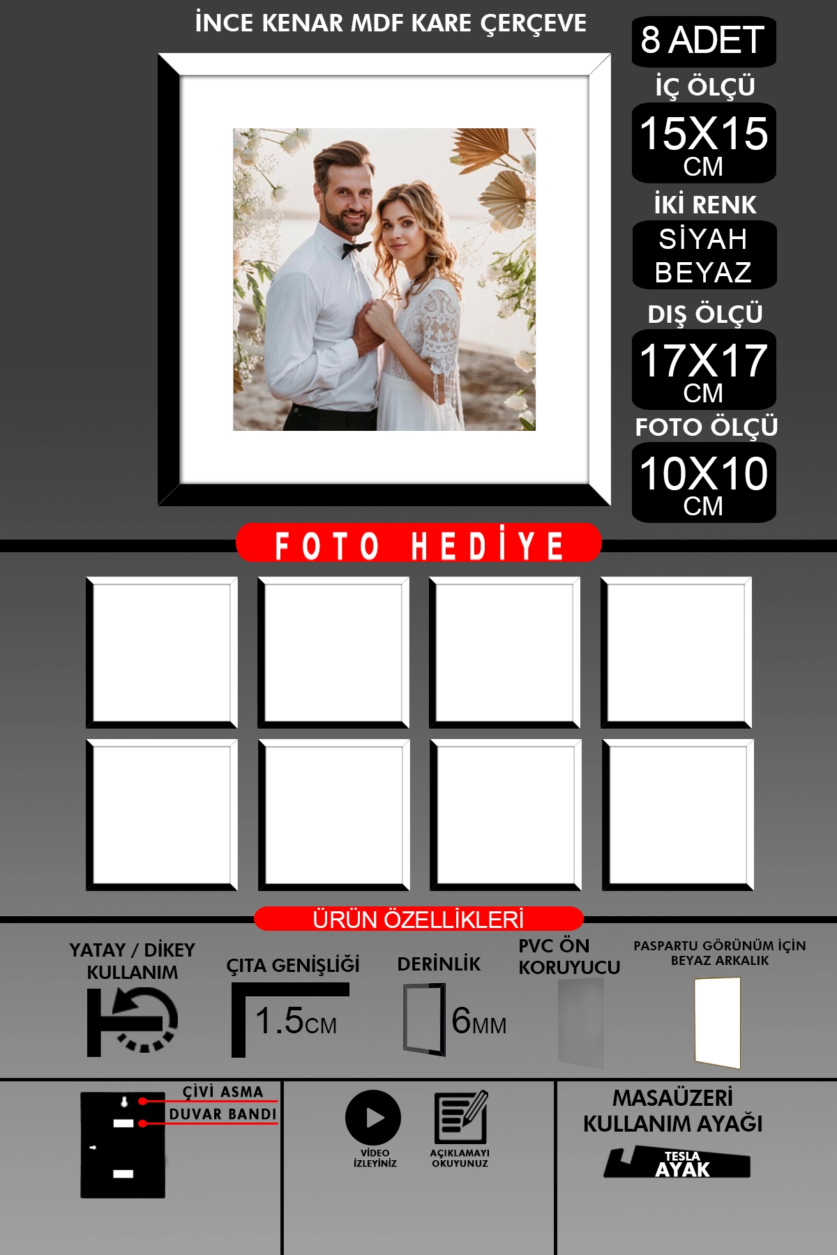 8 Adet 15x15 Çerçeve - İnce Çıtalı Çerçeve - Kare Çerçeve - Fotoğraf Çerçevesi