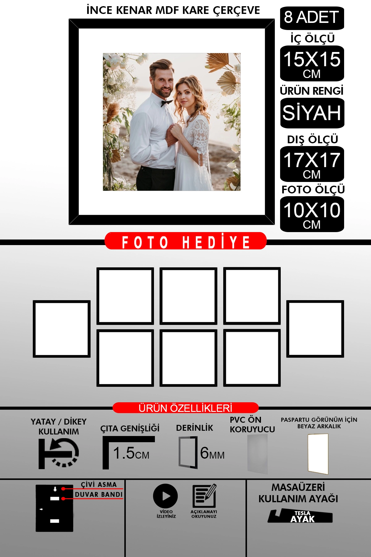 8 Adet 15x15 Çerçeve - İnce Çıtalı Çerçeve - Kare Çerçeve - Fotoğraf Çerçevesi