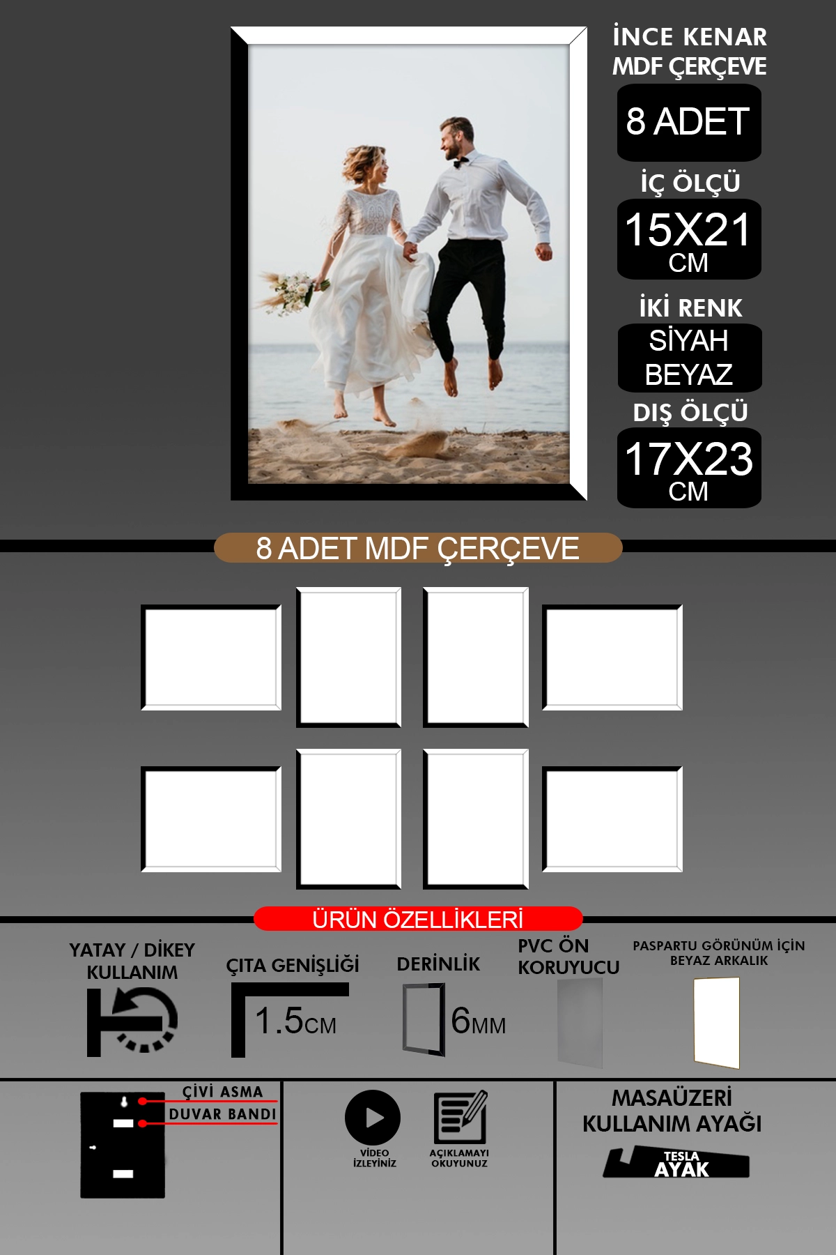 8 Adet 15x21 Çerçeve - İnce Çıtalı A5 Çerçeve - 6mm - Fotoğraf Çerçevesi