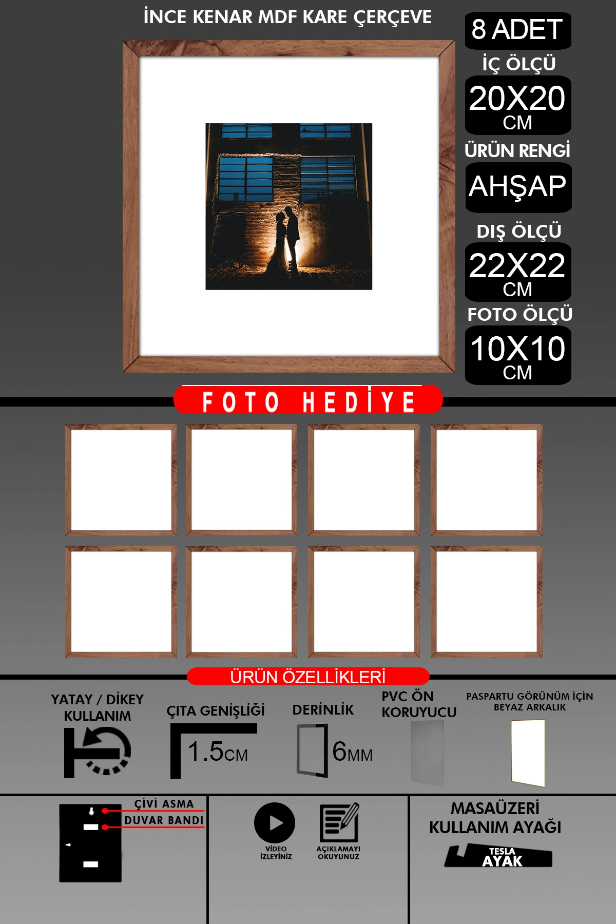 8 Adet 20x20 Çerçeve - İnce Çıtalı Çerçeve - Kare Çerçeve - Fotoğraf Çerçevesi