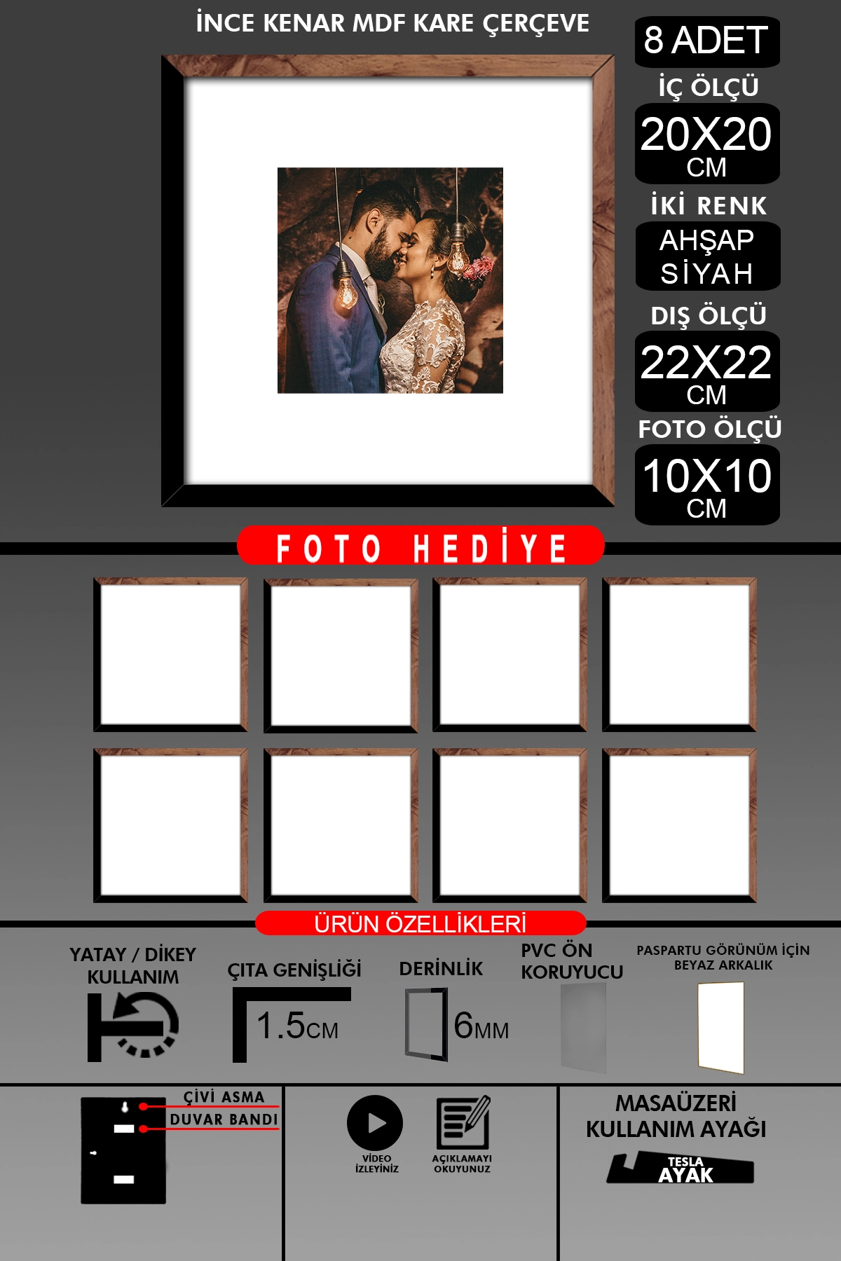8 Adet 20x20 Çerçeve - İnce Çıtalı Çerçeve - Kare Çerçeve - Fotoğraf Çerçevesi