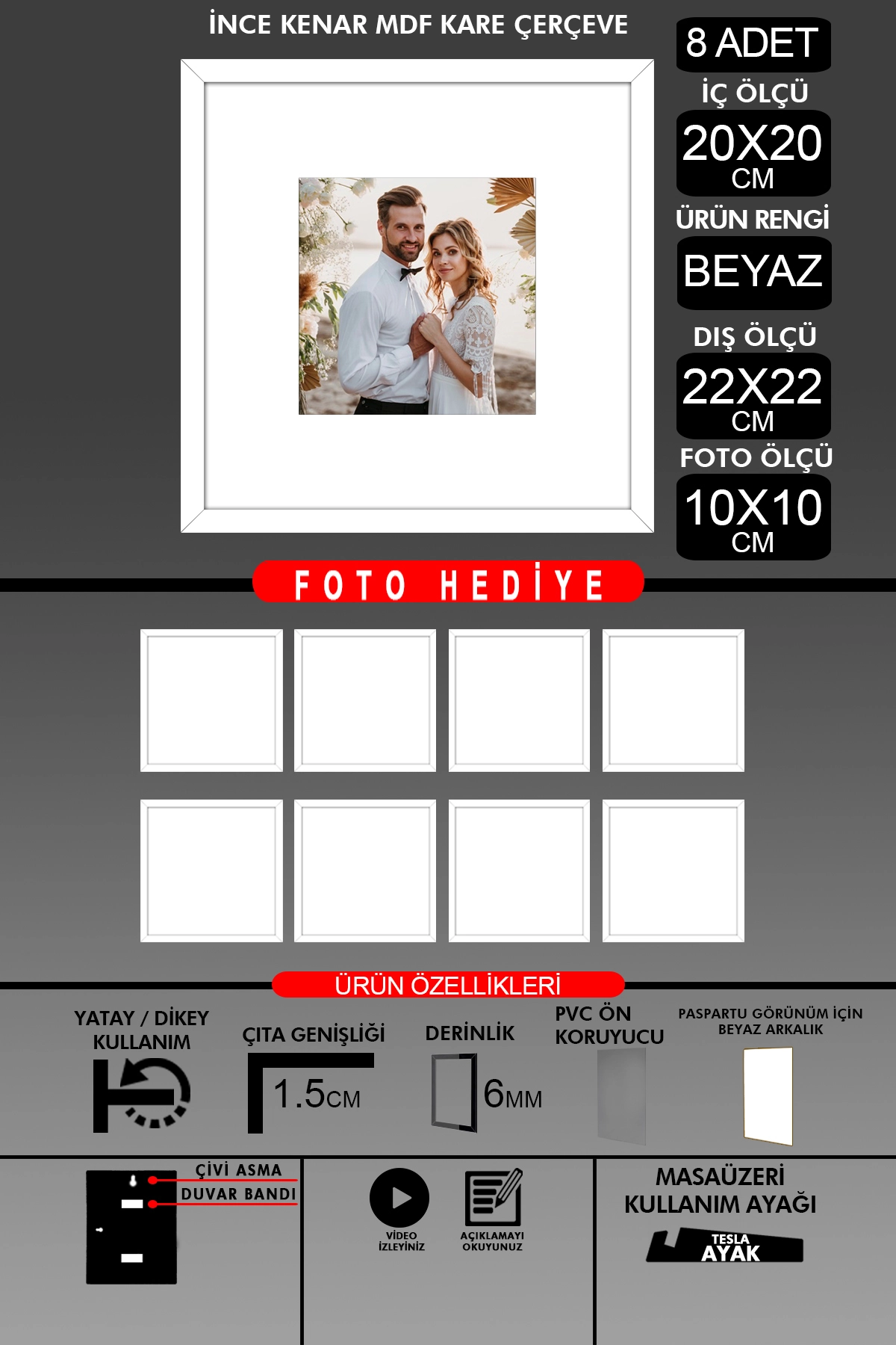 8 Adet 20x20 Çerçeve - İnce Çıtalı Çerçeve - Kare Çerçeve - Fotoğraf Çerçevesi