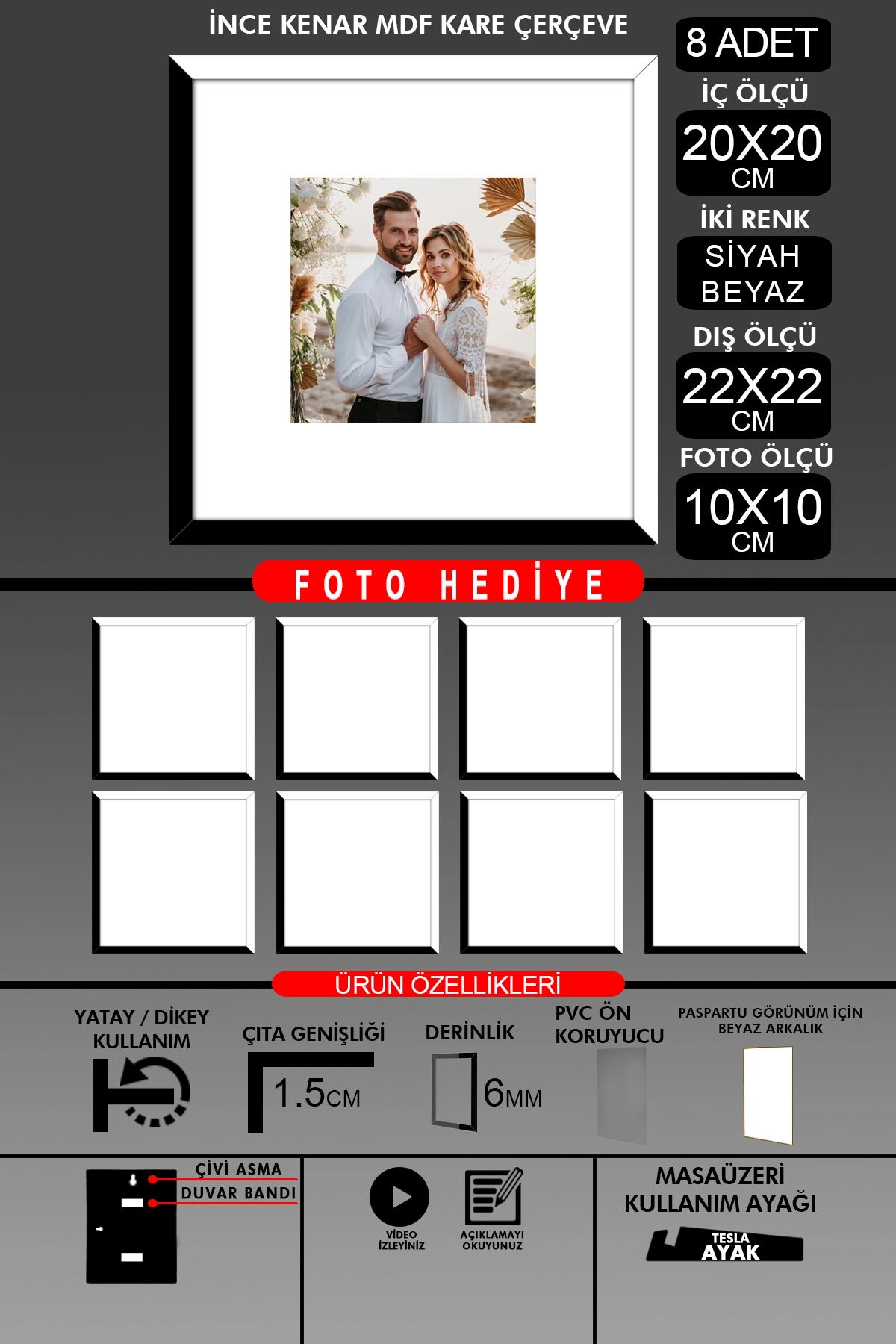 8 Adet 20x20 Çerçeve - İnce Çıtalı Çerçeve - Kare Çerçeve - Fotoğraf Çerçevesi