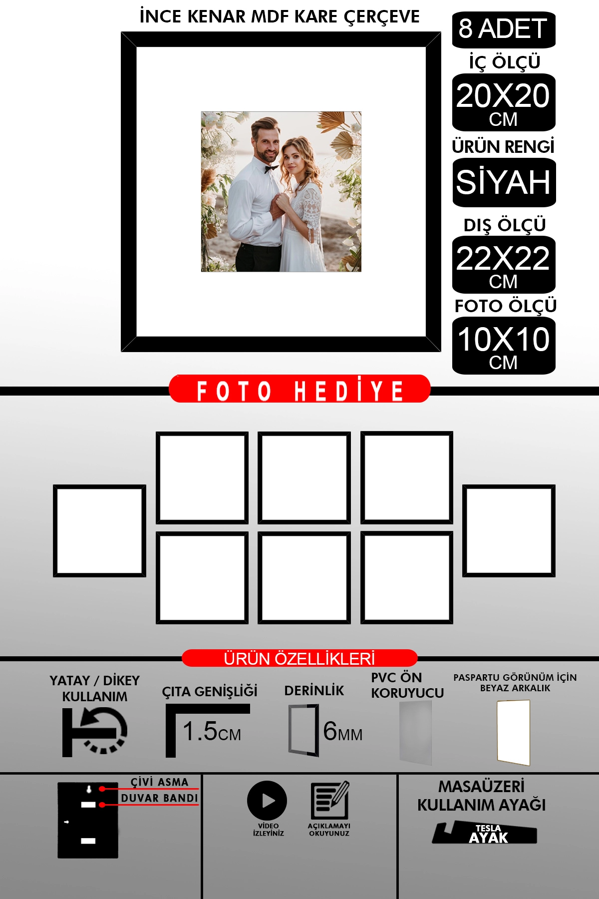 8 Adet 20x20 Çerçeve - İnce Çıtalı Çerçeve - Kare Çerçeve - Fotoğraf Çerçevesi