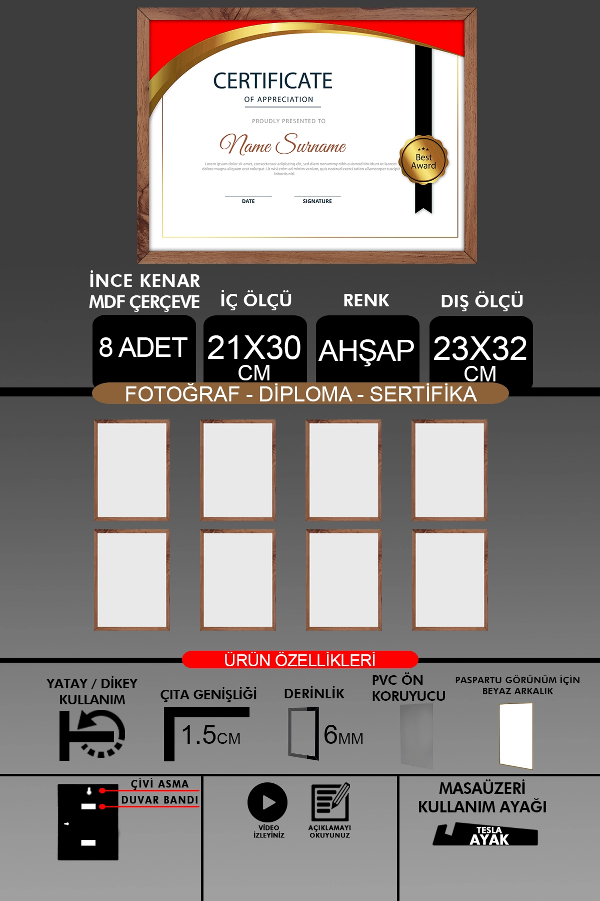 8 Adet 21x30 Çerçeve - İnce Çıtalı Çerçeve- 6mm Çerçeve Fotoğraf Çerçevesi