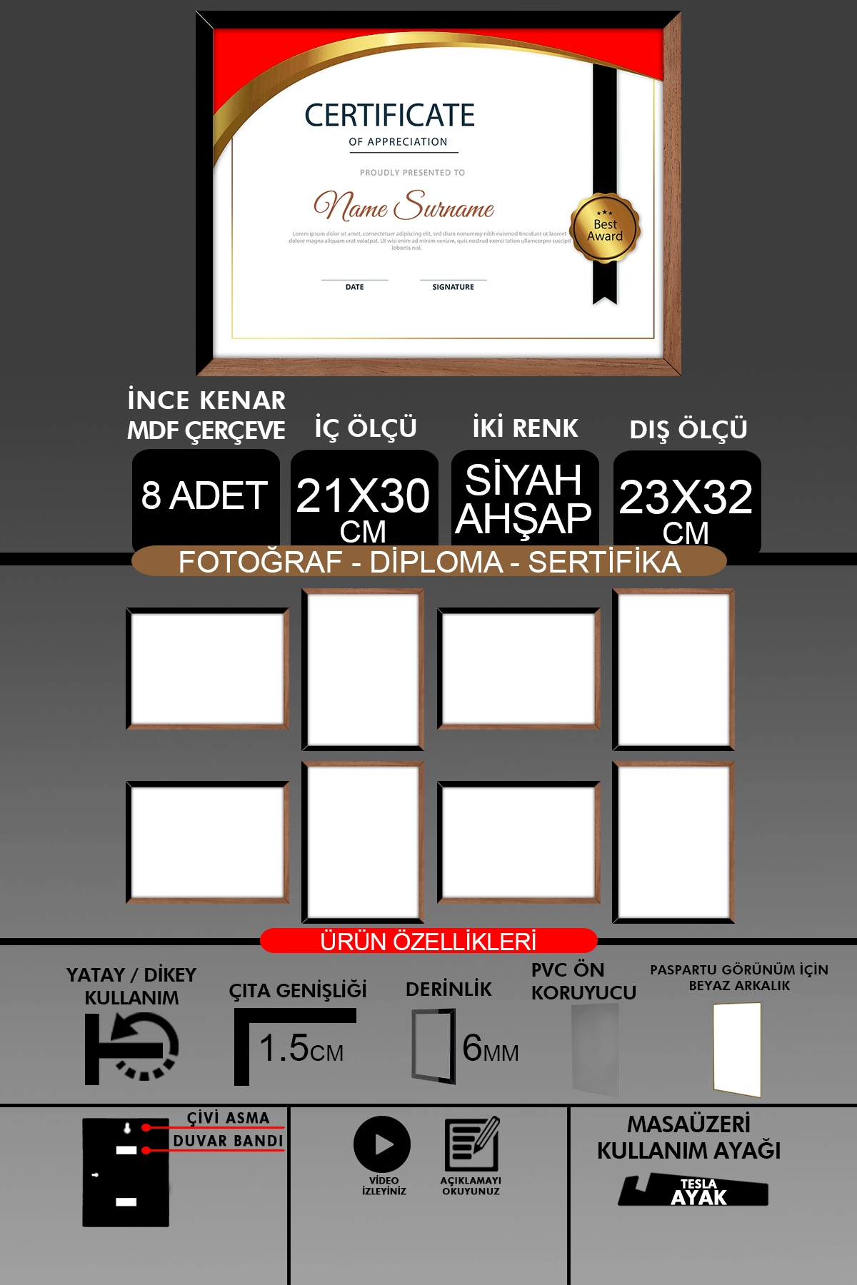 8 Adet 21x30 Çerçeve - İnce Çıtalı Çerçeve- 6mm Çerçeve Fotoğraf Çerçevesi