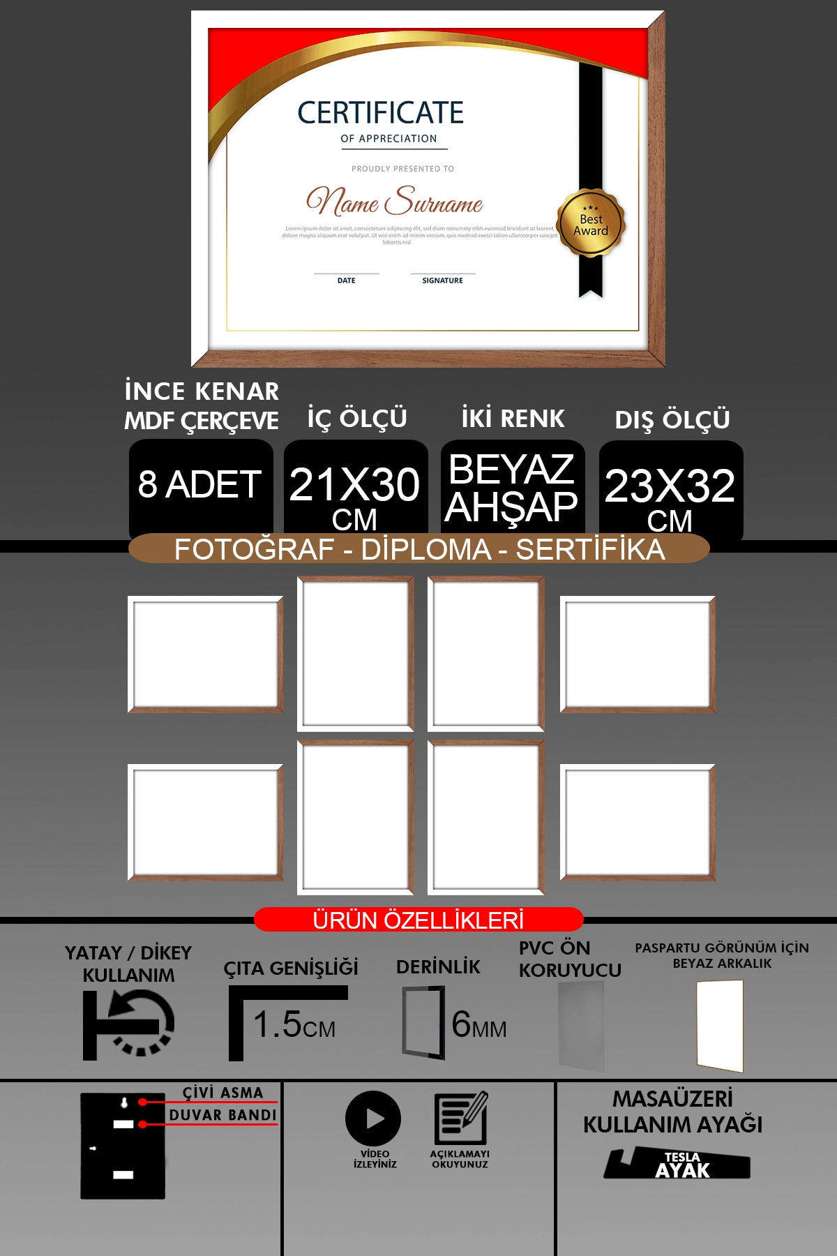 8 Adet 21x30 Çerçeve - İnce Çıtalı Çerçeve- 6mm Çerçeve Fotoğraf Çerçevesi