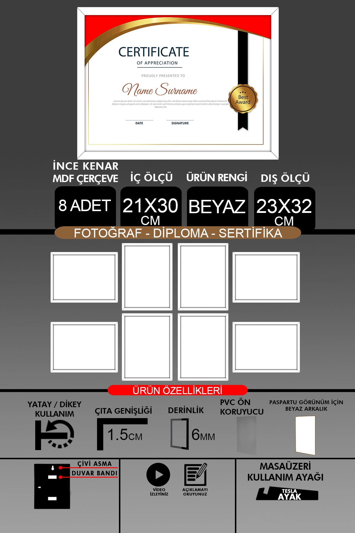 8 Adet 21x30 Çerçeve - İnce Çıtalı Çerçeve- 6mm Çerçeve Fotoğraf Çerçevesi