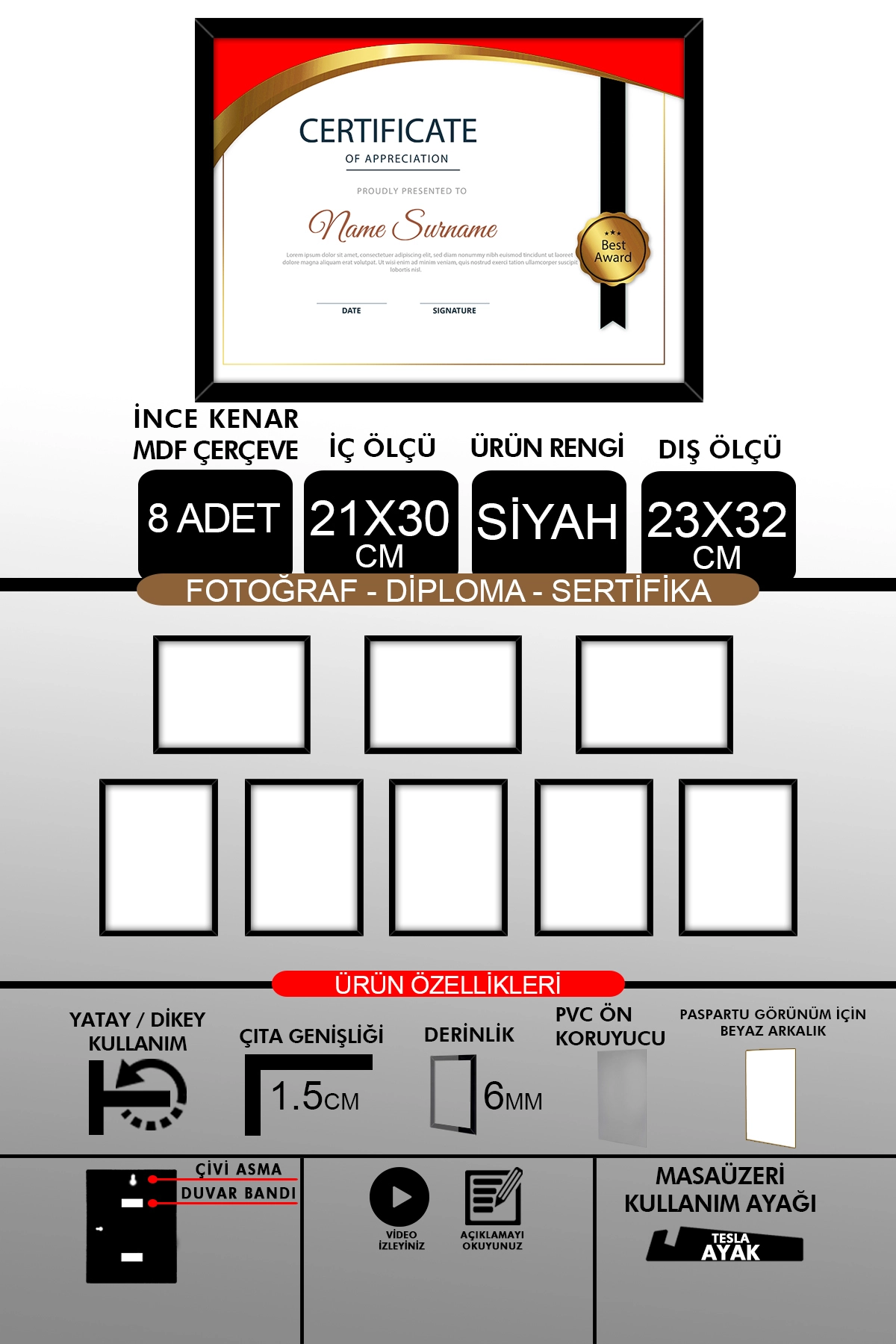 8 Adet 21x30 Çerçeve - İnce Çıtalı Çerçeve- 6mm Çerçeve Fotoğraf Çerçevesi