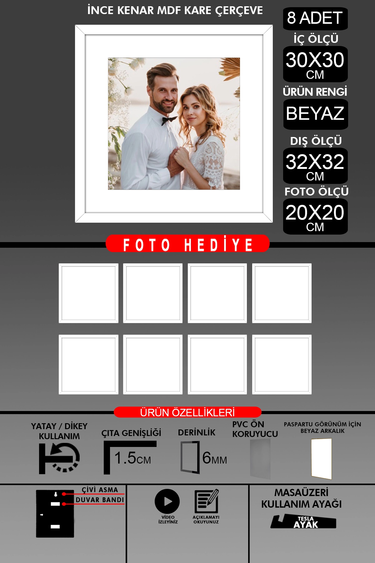 4 Adet 30x30 Çerçeve - İnce Çıtalı Çerçeve -Kare Çerçeve - Fotoğraf Çerçevesi