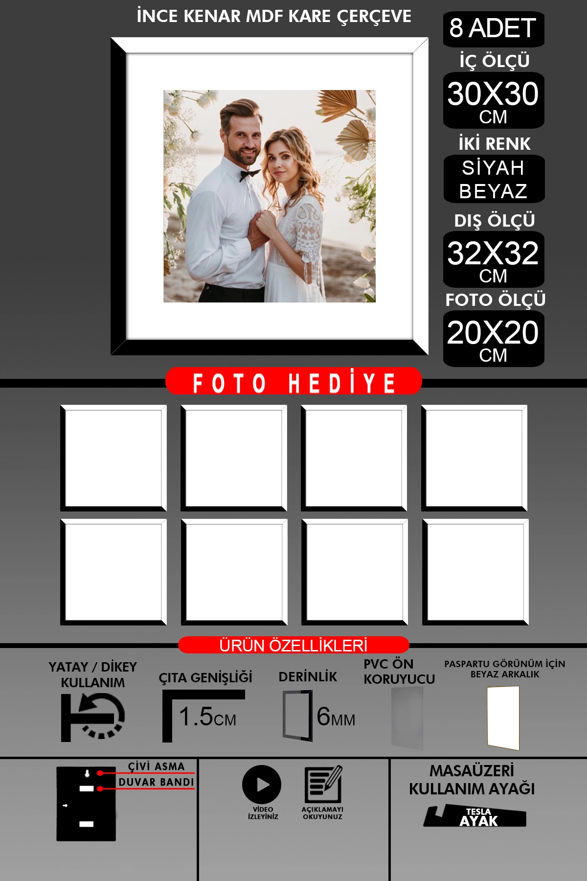 4 Adet 30x30 Çerçeve - İnce Çıtalı Çerçeve -Kare Çerçeve - Fotoğraf Çerçevesi