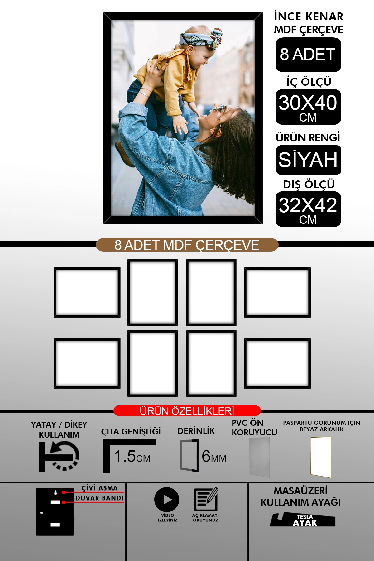 8 Adet 30x40 Çerçeve - İnce Çıtalı A3 Çerçeve - 6mm Fotoğraf Çerçevesi