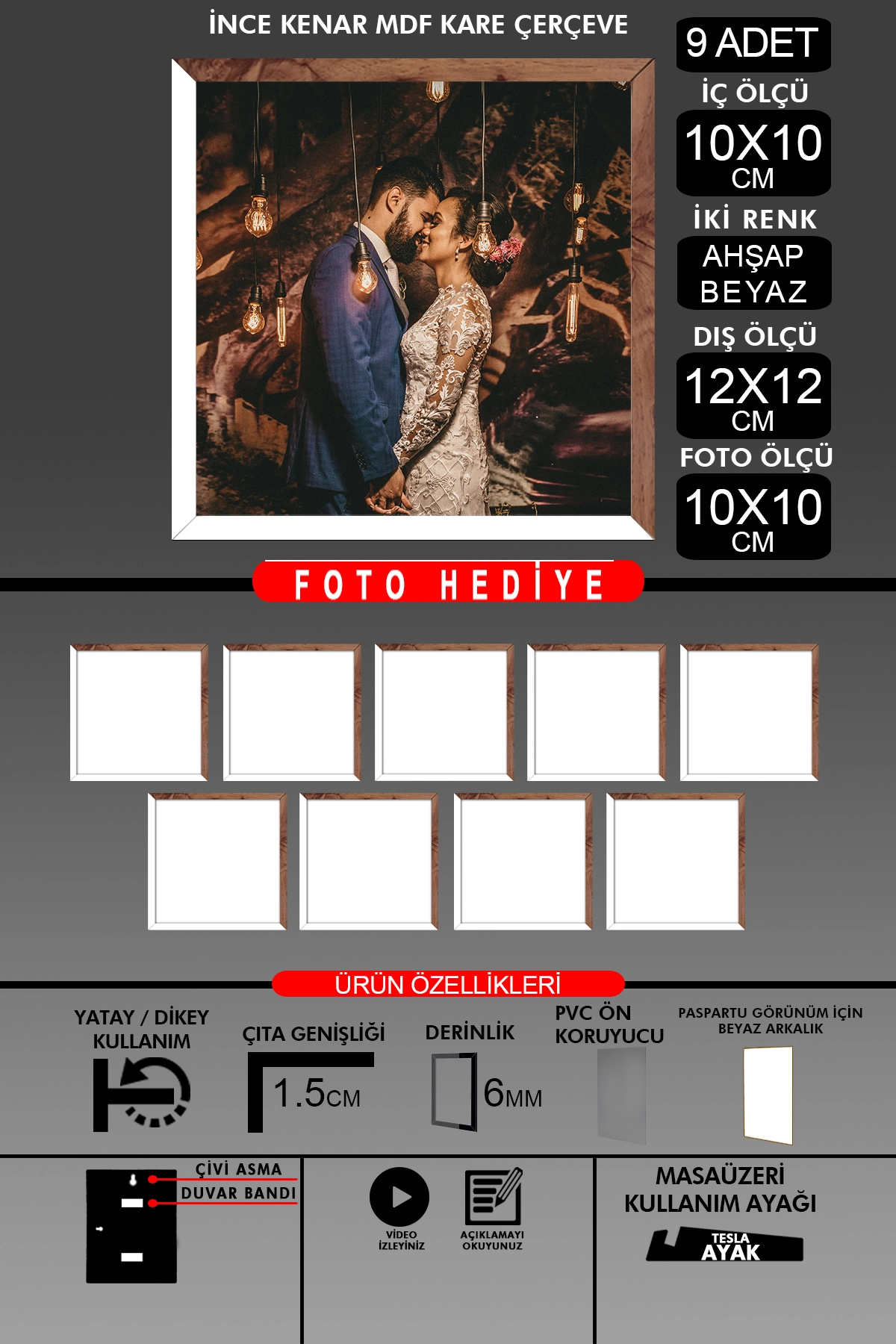 9 Adet 10X10 Çerçeve - İnce Çıtalı Çerçeve - Kare Çerçeve - Fotoğraf Çerçevesi