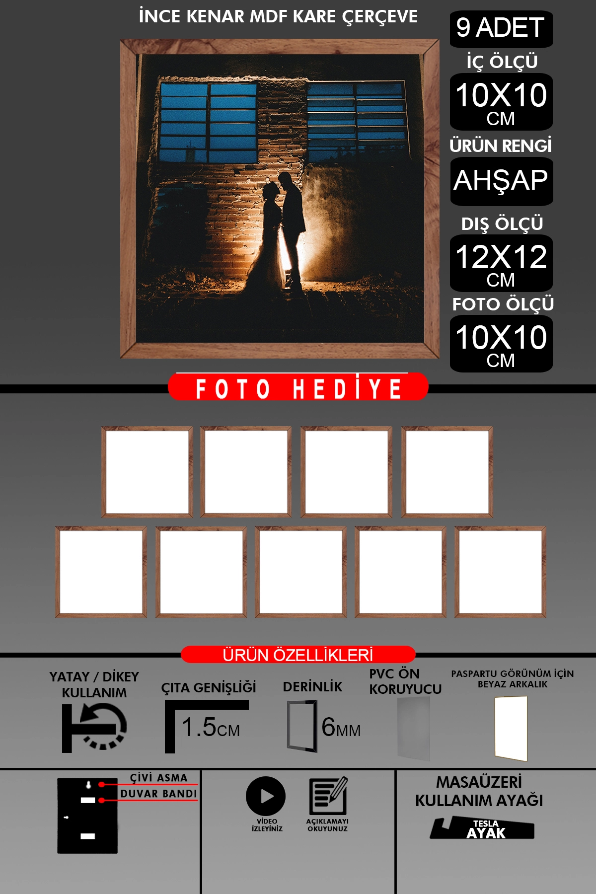 9 Adet 10X10 Çerçeve - İnce Çıtalı Çerçeve - Kare Çerçeve - Fotoğraf Çerçevesi