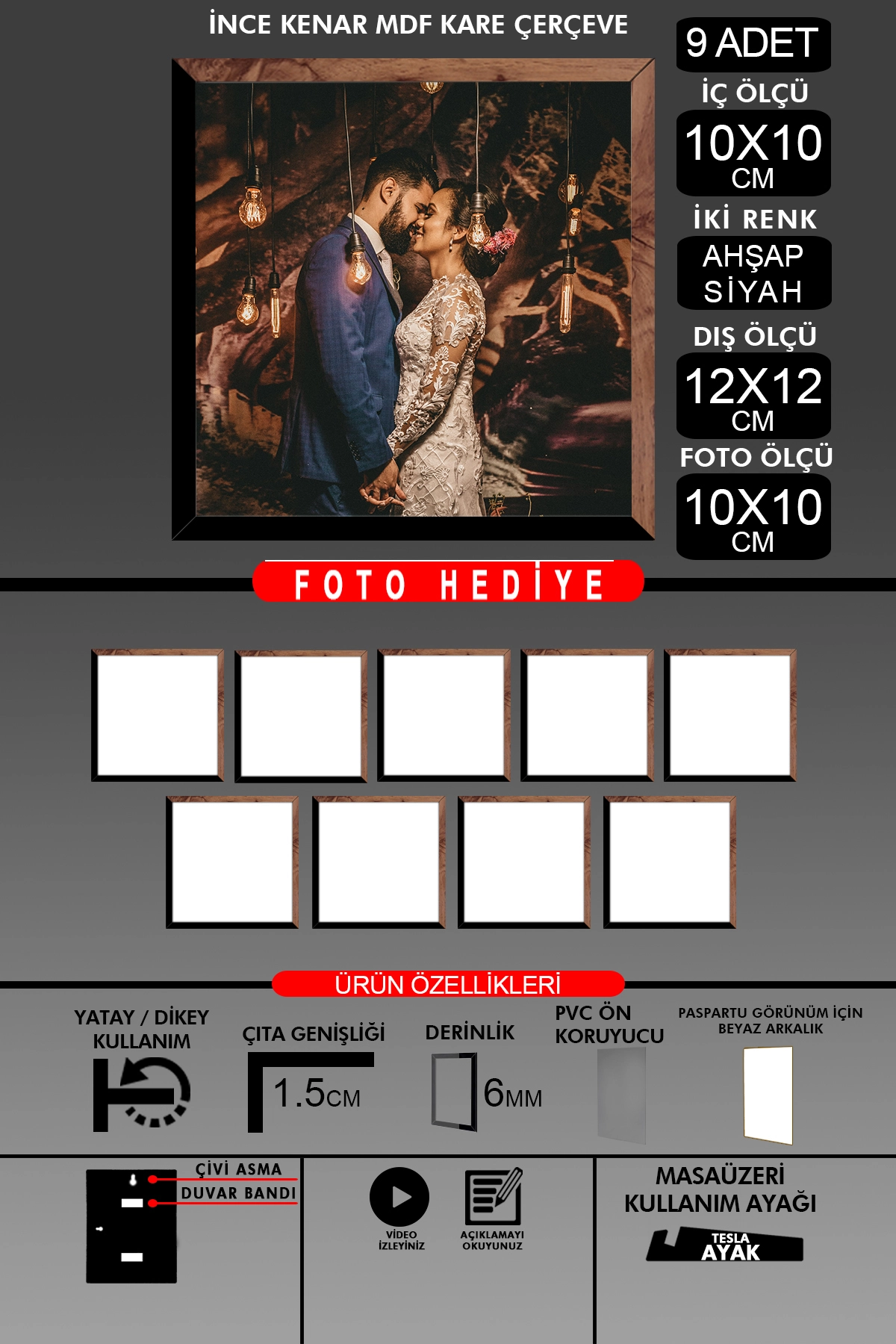 9 Adet 10X10 Çerçeve - İnce Çıtalı Çerçeve - Kare Çerçeve - Fotoğraf Çerçevesi