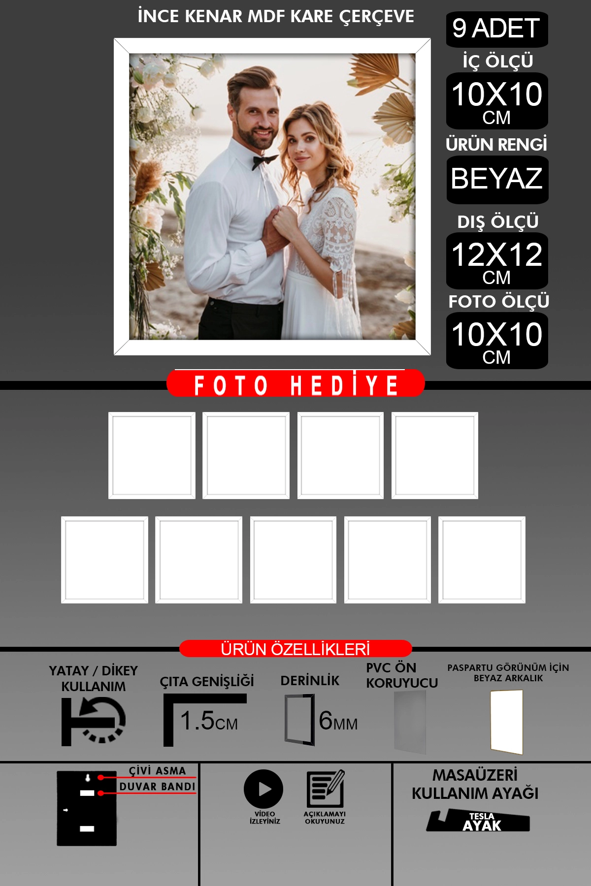 9 Adet 10X10 Çerçeve - İnce Çıtalı Çerçeve - Kare Çerçeve - Fotoğraf Çerçevesi